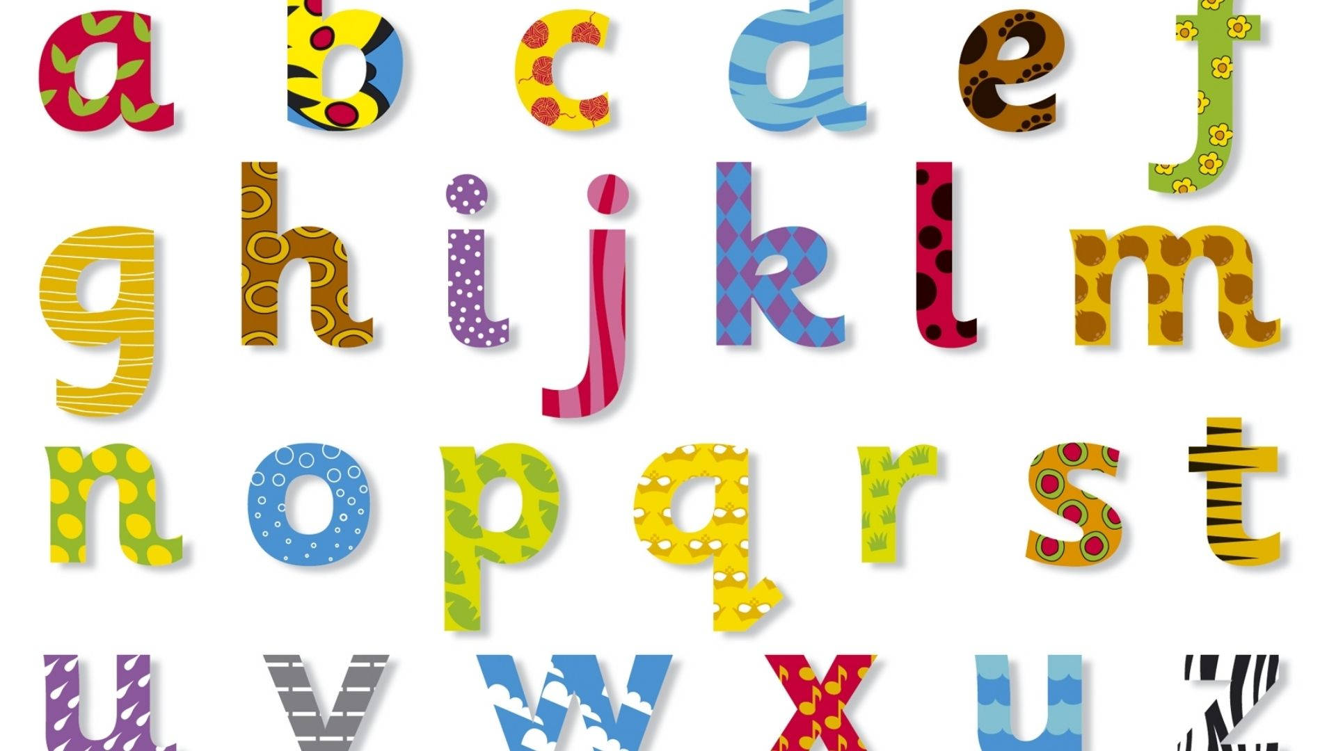 白色背景上帶有各種圖案的彩色字母。
