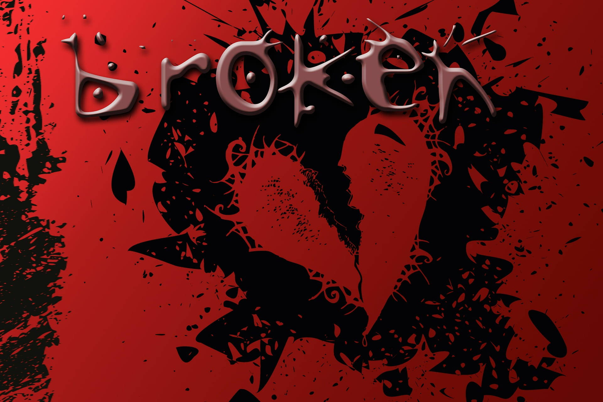 一個破碎的心形剪影，上面有金屬字體的「broken」字樣，背景是紅色飛濺圖案。