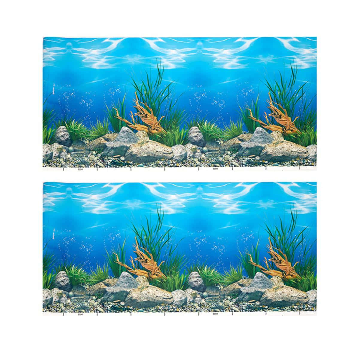 水下魚缸，清澈藍色水中有植物、岩石和浮木。