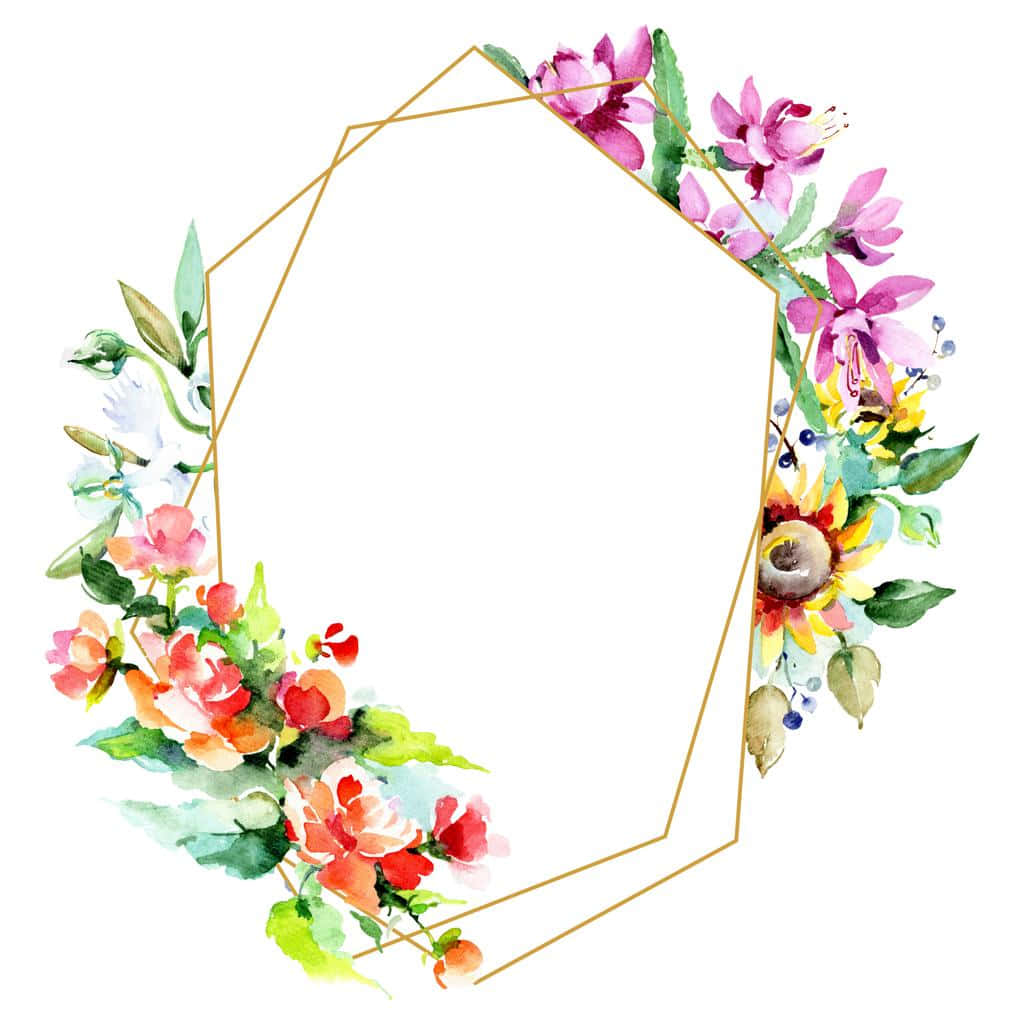 生動的水彩花卉 壁紙 — 一個水彩花卉花環，帶有粉紅色、橙色和黃色的花朵，裝飾著白色背景上的金色幾何框架。