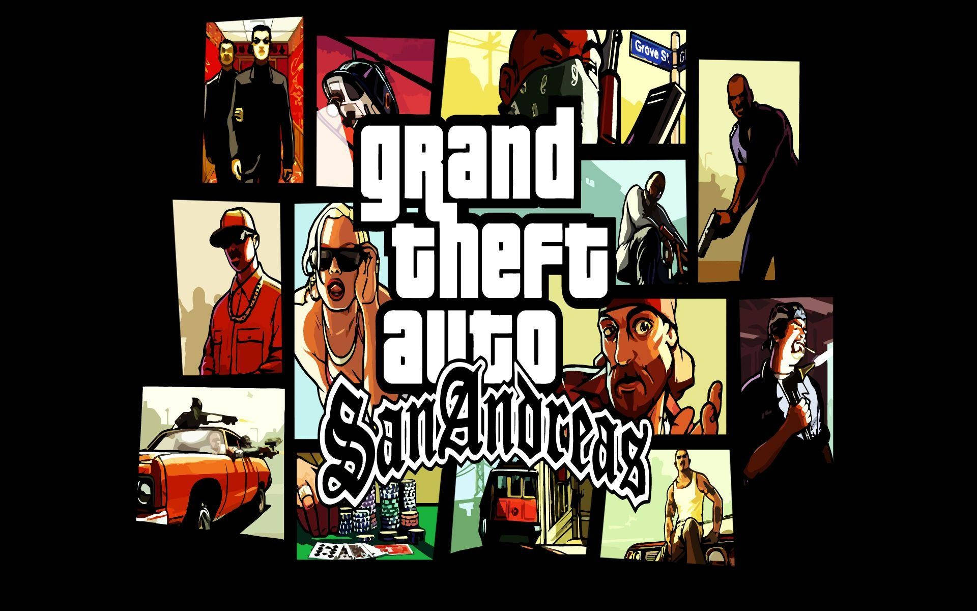 Gta 桌布 壁紙 — 生動的漫畫風格拼貼畫，展現《俠盜獵車手：聖安地列斯》的角色與場景，色彩大膽且藝術風格鮮明。