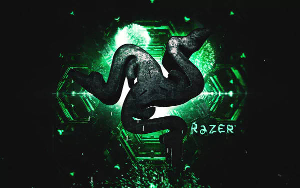未來科技設計中的發光綠色Razer標誌，帶有風格化蛇。