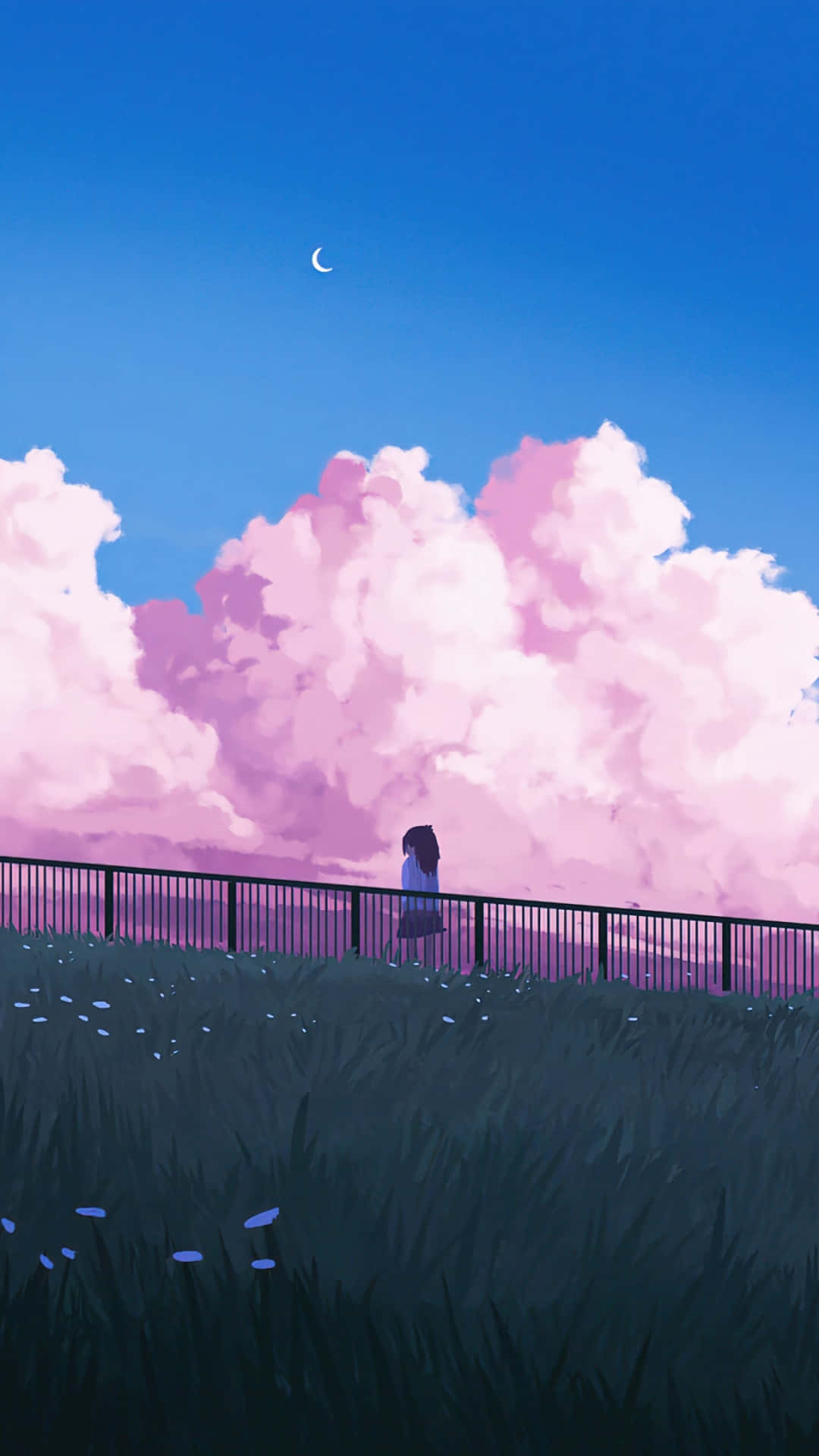 一個女孩站在欄杆上，在黃昏時看著粉紅雲彩和新月。