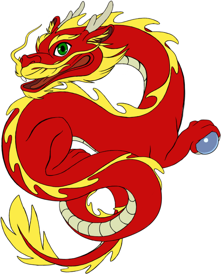 生動紅色中國龍插畫 壁紙 — 一隻充滿活力的紅黃色卡通龍，綠色眼睛，在黑色背景上動態盤繞，緊握著一顆發光的藍色球體。
