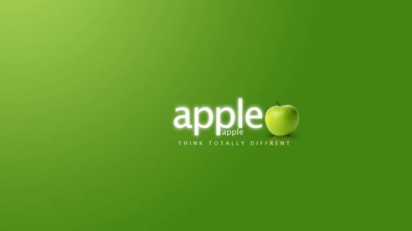 生動細緻的蘋果標誌插畫 壁紙 — 一個發光的綠色Apple標誌，上面有apple字樣和標語think totally different，背景為綠色漸變。