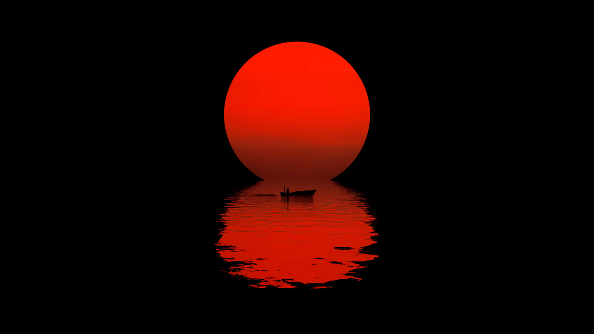 一艘小船在巨大紅色太陽的映襯下形成剪影，太陽倒映在黑暗的水面上。