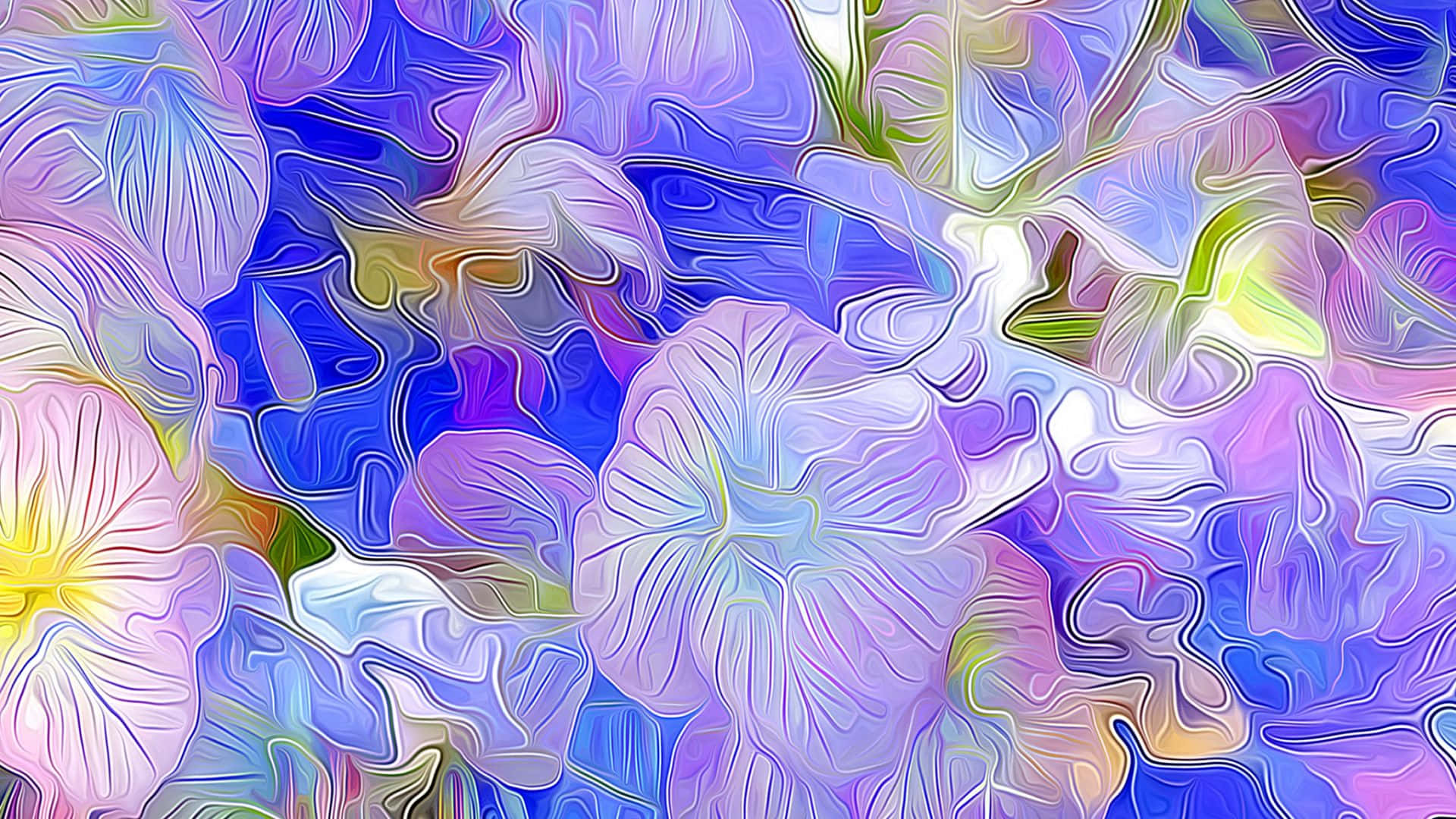 鮮豔藍、紫和粉紅色的風格化花朵抽象數位藝術作品。