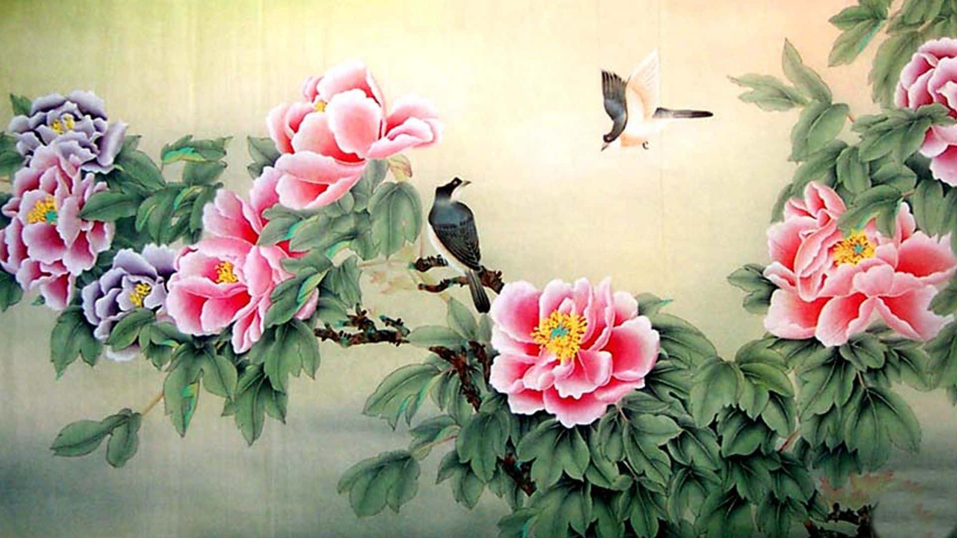 傳統繪畫風格中，牡丹花與鳥兒棲息在樹枝上。