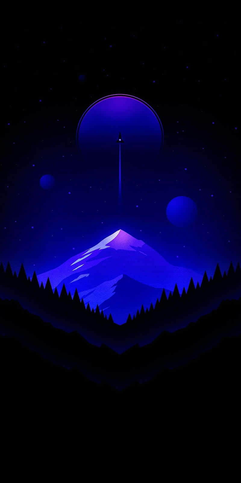 紫色山峰在星空下，有發光的月亮和漂浮的球體