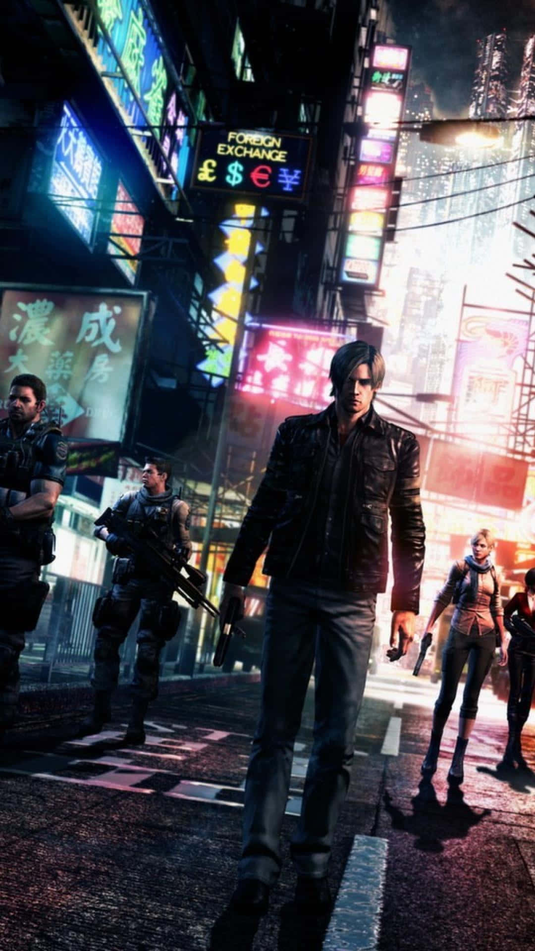 霓虹燈照亮 cyberpunk 街道，有武裝角色在雨天的城市環境中。