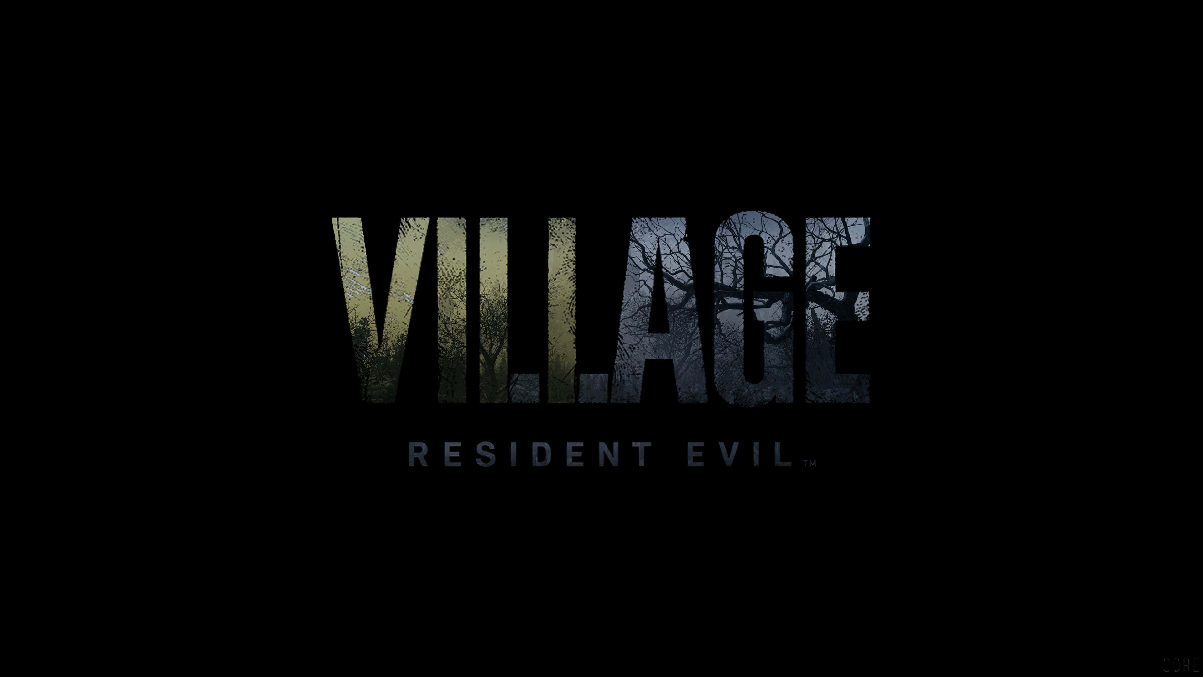 《生化危機 村莊》驚悚動作場景 壁紙 — 「VILLAGE」一詞在黑色背景上，字母內閃爍著詭異的森林圖像，下方寫著 RESIDENT EVIL。
