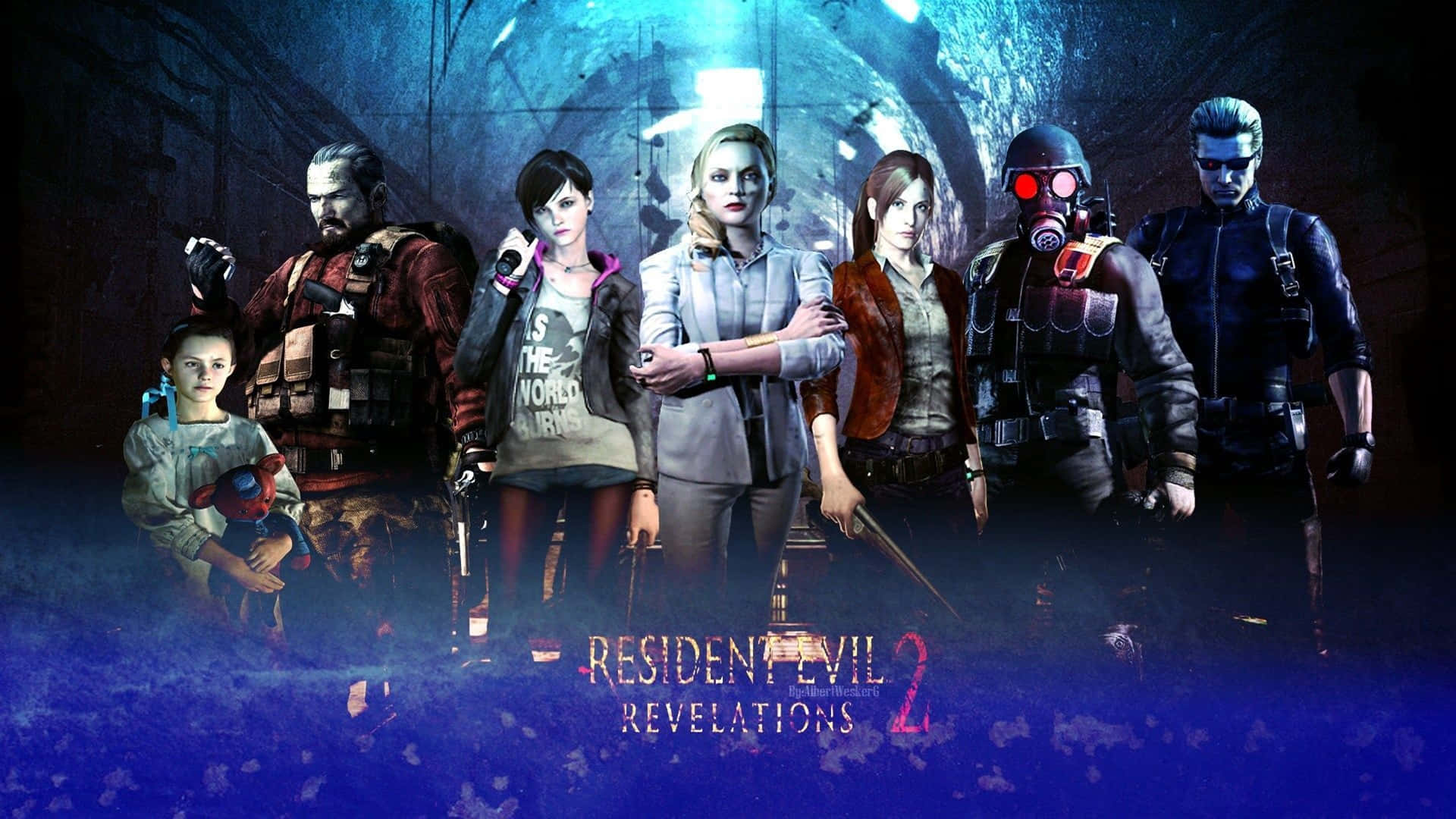 生化危機2：揭露版角色群像背景 壁紙 — 七名武裝倖存者在 Resident Evil Revelations 2 的詭異藍色燈光下，挑釁地站在黑暗的洪水隧道中。