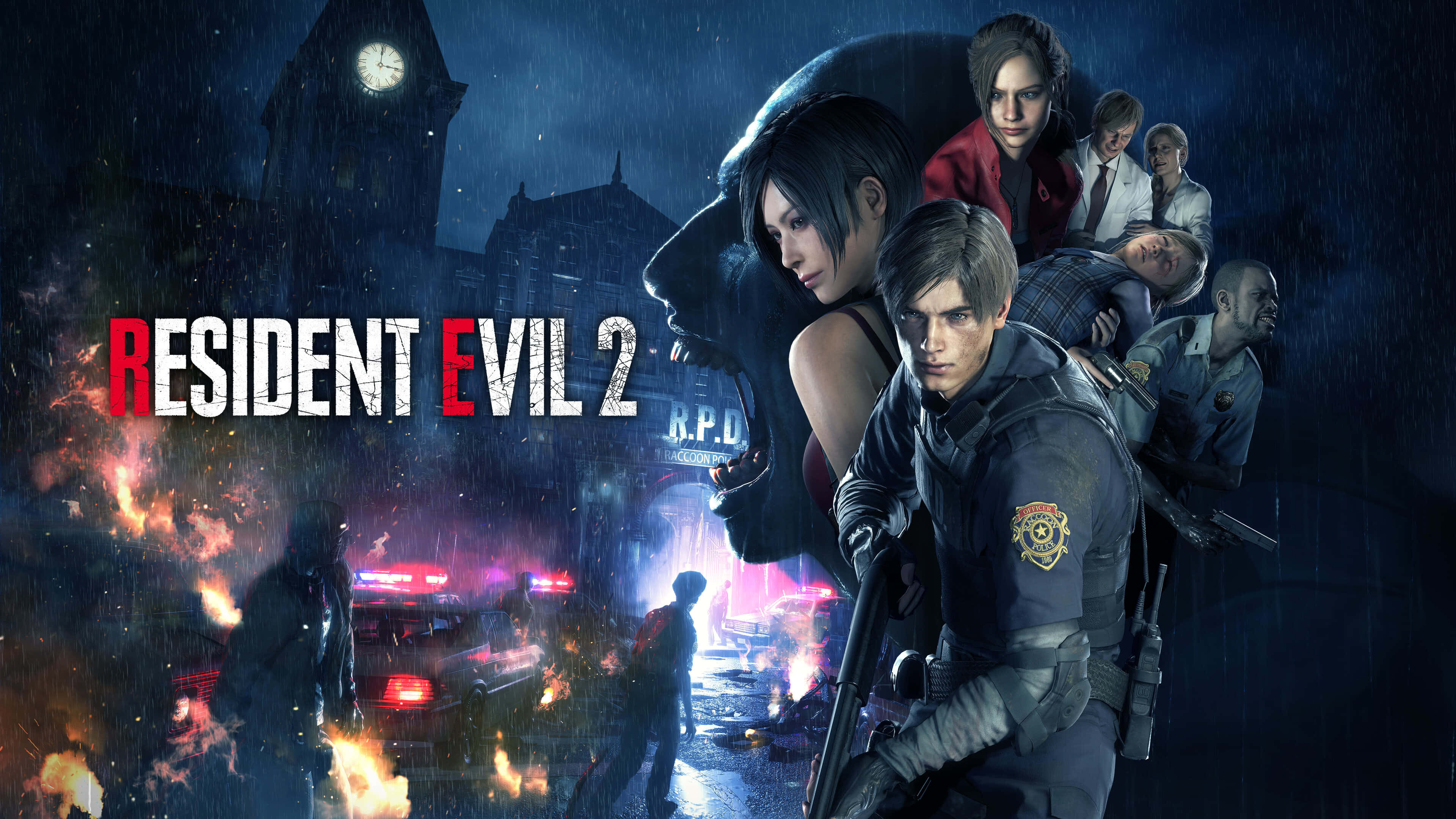 Resident Evil Characters 桌布 壁紙 — 《生化危機2》的角色站在雨夜的城市街道上，背景有燃燒的汽車和鐘樓。
