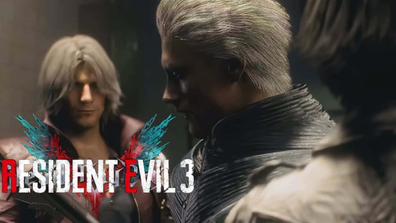Devil May Cry Characters 桌布 壁紙 — 《生化危機3》的兩個角色站在燈光昏暗的房間中，帶有戲劇性燈光和遊戲標題疊加。