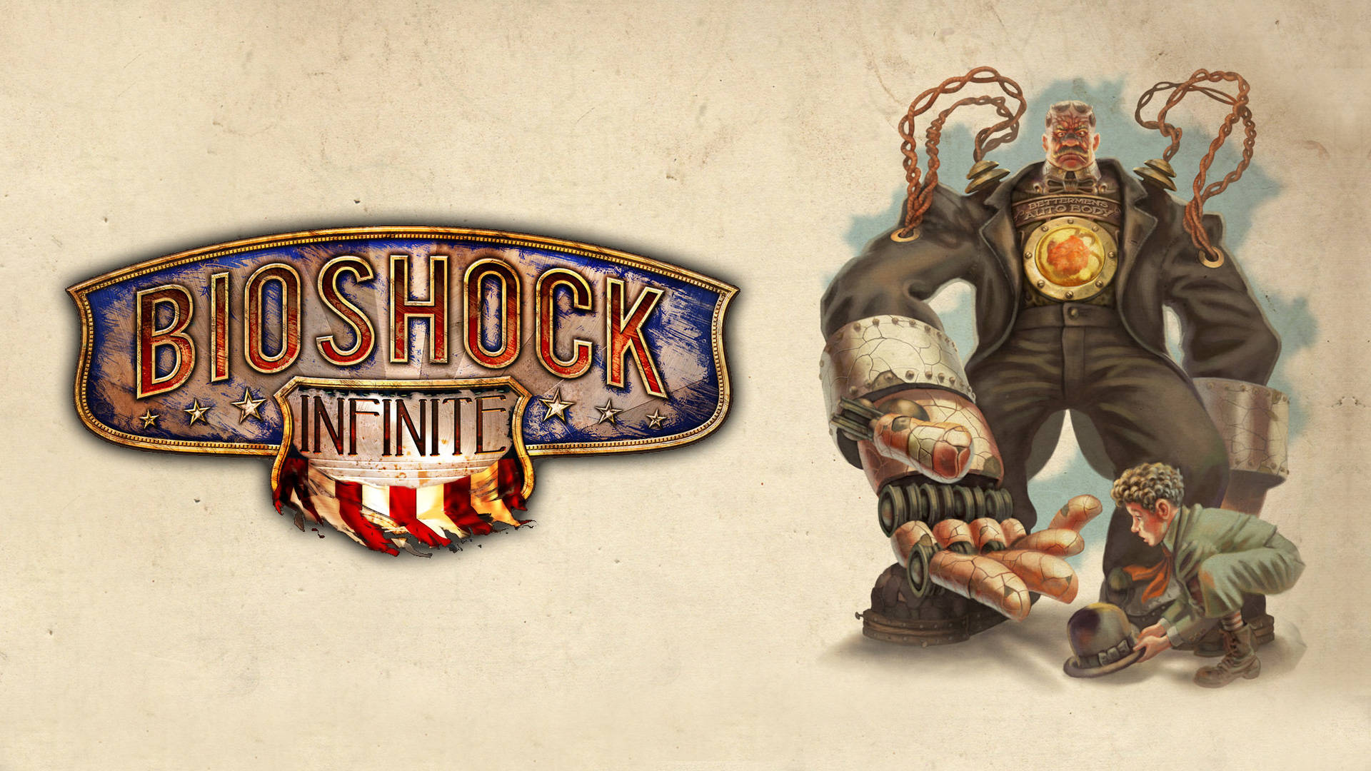 生化奇兵 4K 工匠 壁紙 — 一個復古風格的Bioshock Infinite標誌，旁邊有一個高聳的裝甲士兵和一個戴帽子的畏縮男子。