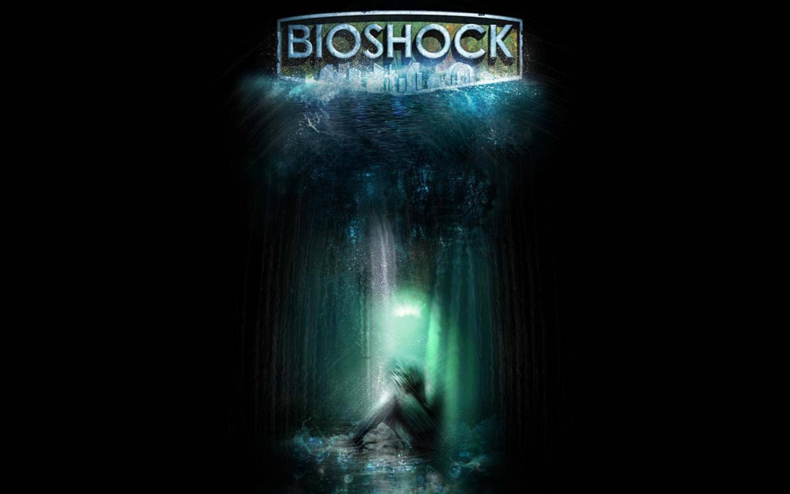 生化奇兵 4K 水下場景 壁紙 — 一道發光的綠色光芒刺穿黑暗的水下深處，一個陰影人物跪在「Bioshock」標誌下方。