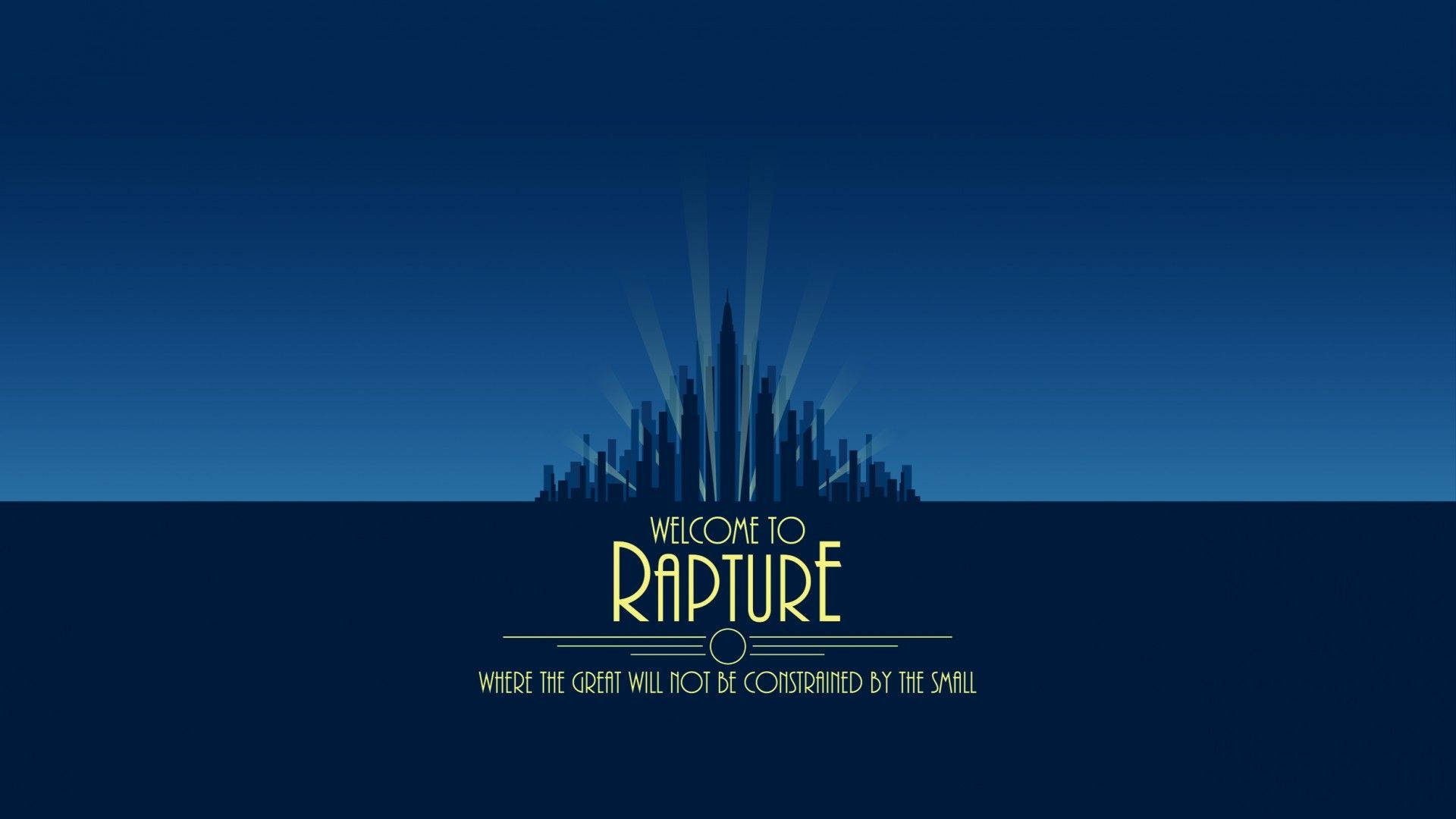 一個深藍色的城市天際線，金色文字寫著 welcome to rapture。