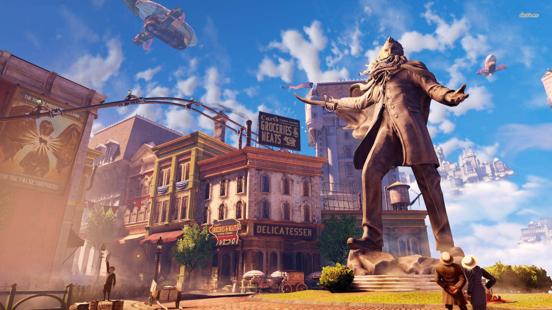《生化奇兵：無限》PlayStation遊戲 壁紙 — 一個充滿活力的蒸氣龐克城市景觀，飛船在色彩繽紛的建築物和一位鬍鬚男子的高聳雕像上方翱翔。