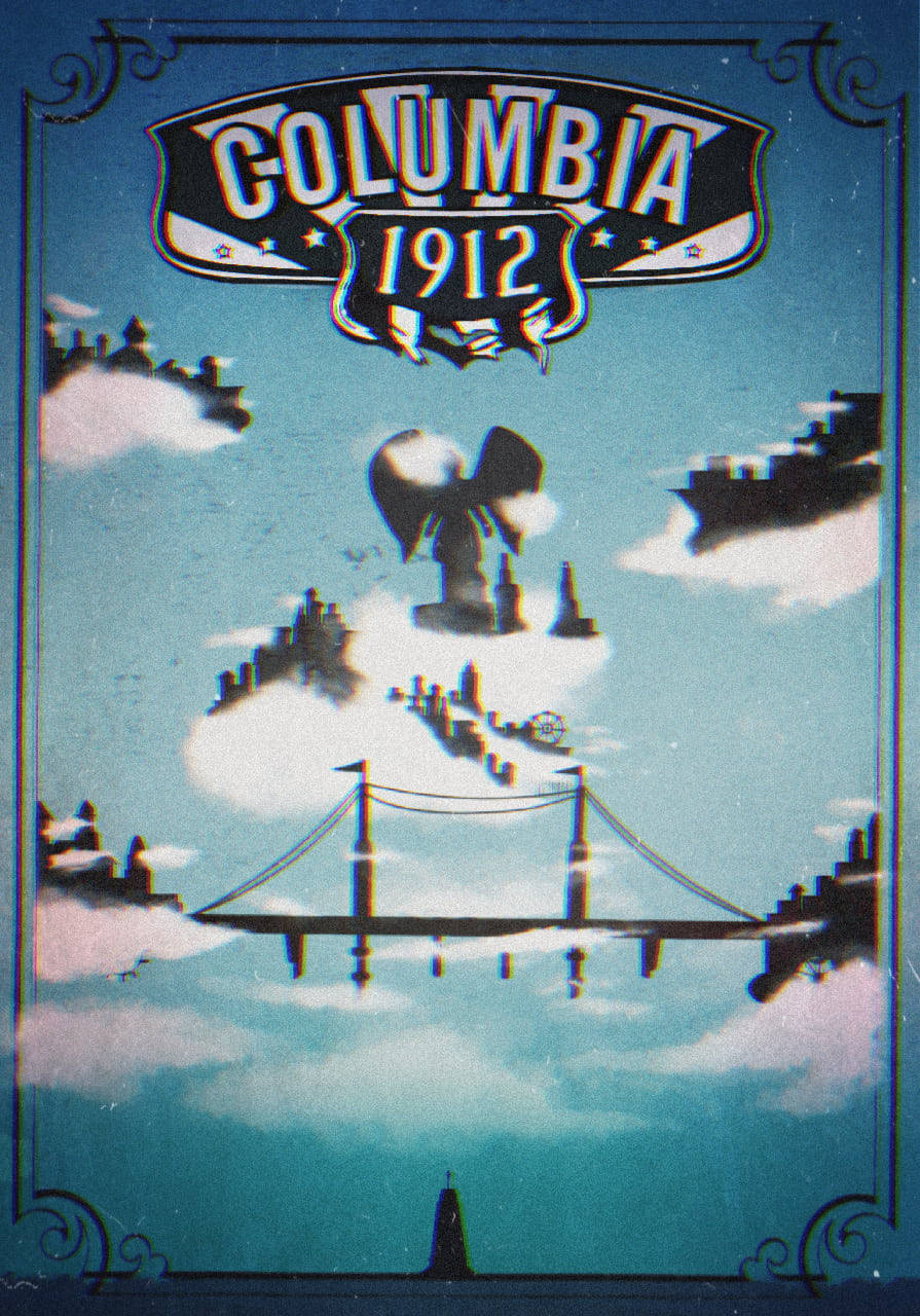 生化奇兵：科倫拜城手機螢幕風景 壁紙 — 1912 年復古哥倫比亞海報，呈現超現實的漂浮城市景觀，橋樑和建築物懸浮在雲層中，背景為藍綠色天空。
