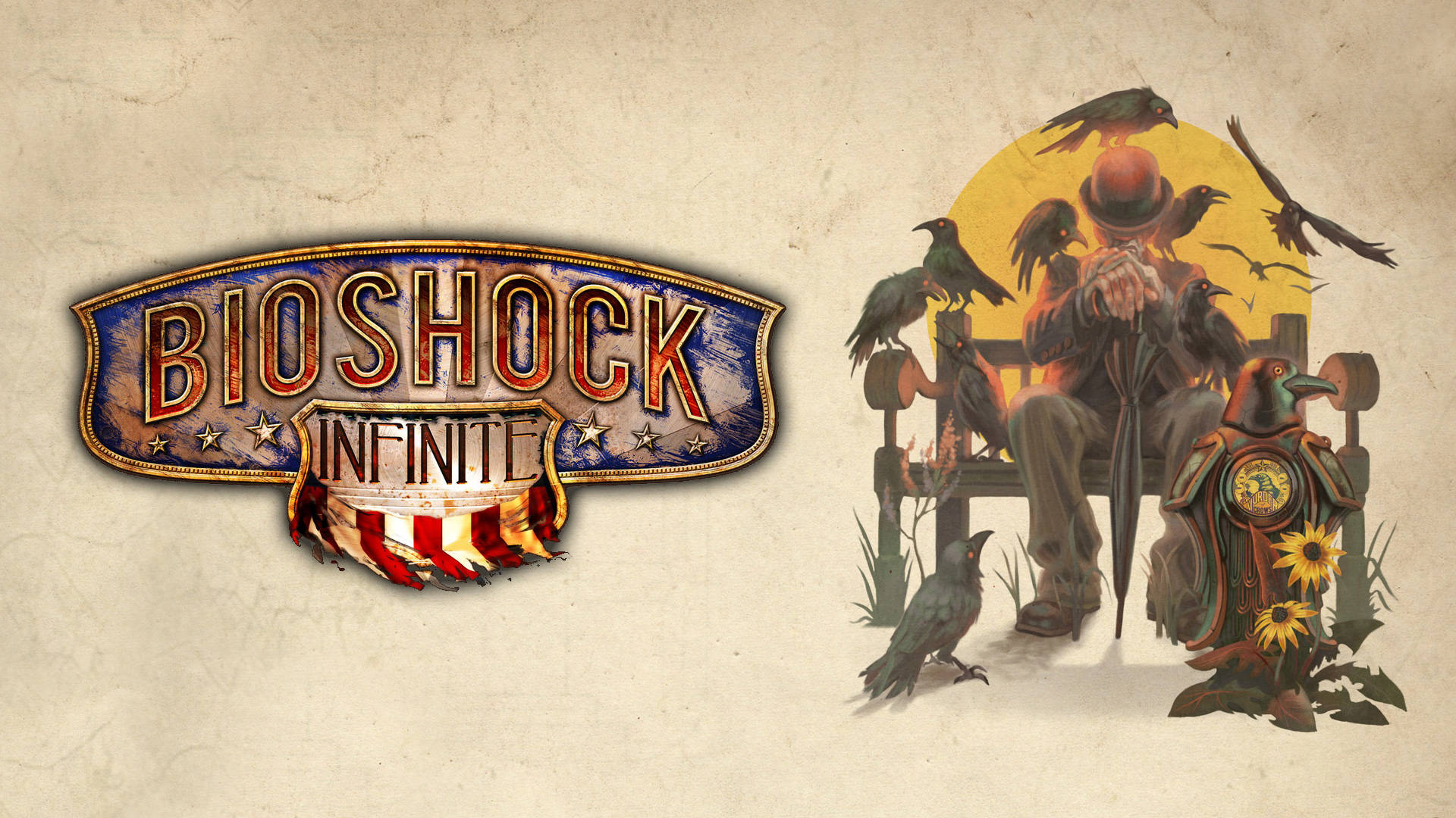 生化奇兵無限 查理與烏鴉 壁紙 — 一個復古風格的Bioshock Infinite標誌，旁邊是一個戴高帽的插圖男子，被烏鴉圍繞，背景是黃色的太陽。