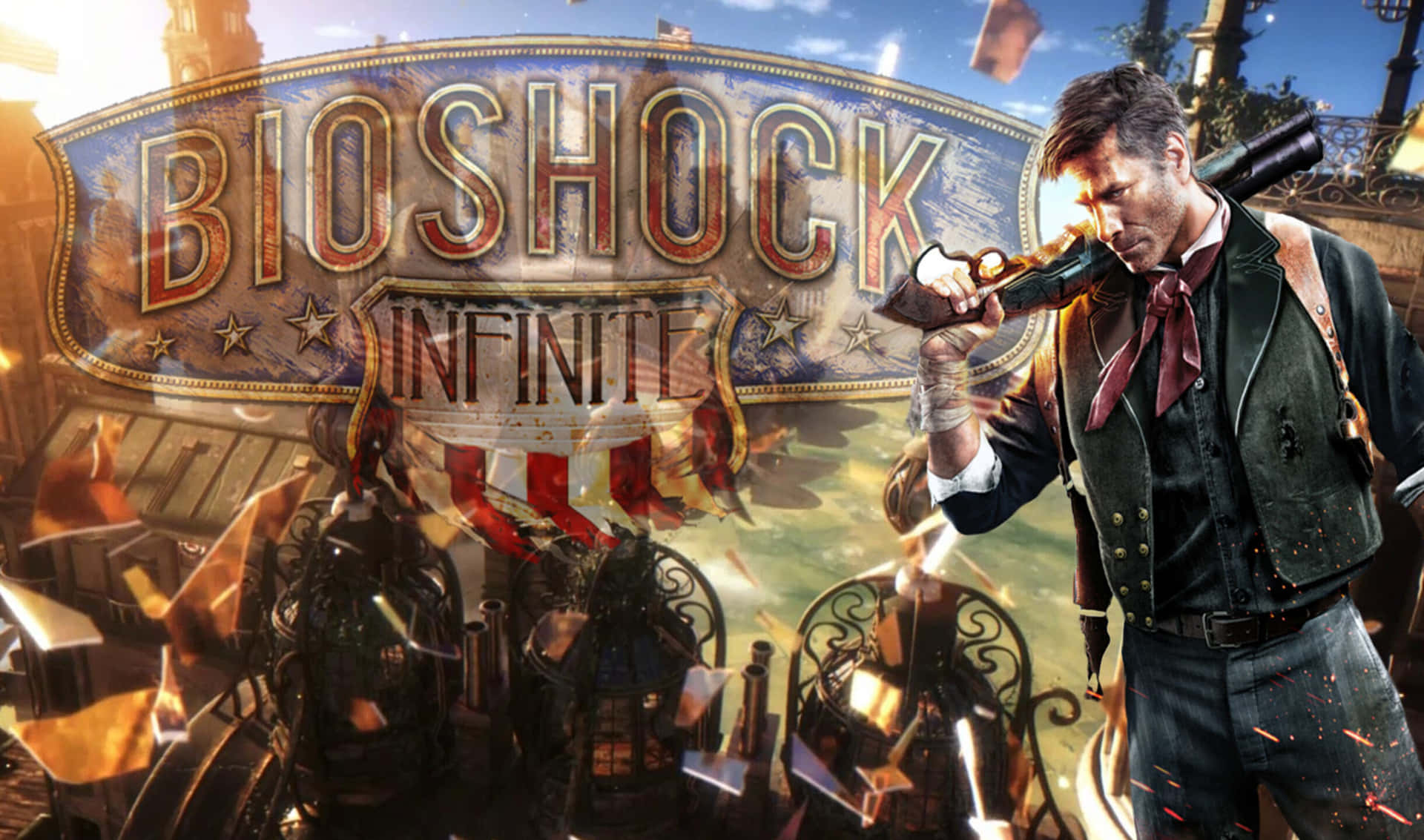 一個穿著背心的男人在Bioshock Infinite標誌前瞄準一把霰彈槍。