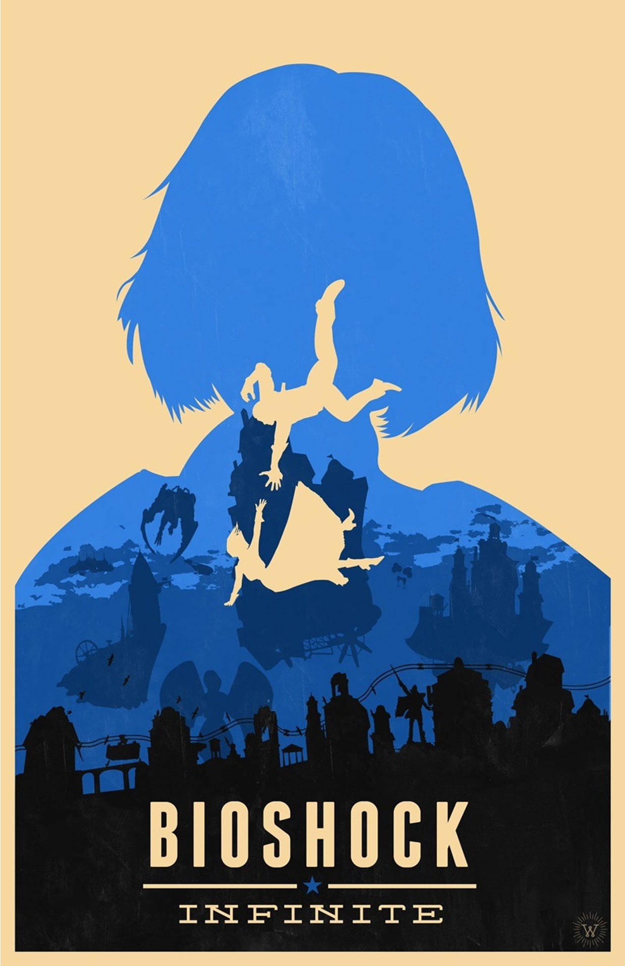 Bioshock Infinite海報，帶有包含城市景觀和墜落人物的藍色人物剪影。