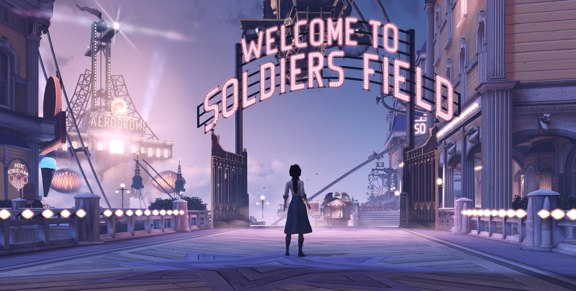 一個人在暮色中走向未來城市中一個發光的拱門，上面寫著「Welcome to Soldiers Field」。