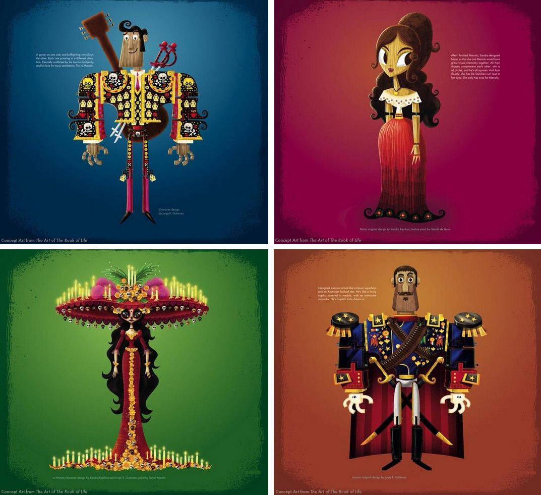 《生命之書》概念設計圖 壁紙 — 《The Book of Life》中四個風格化的動畫角色，每個都穿著華麗服飾，飾有骷髏、蠟燭和鮮豔色彩，背景為純色。