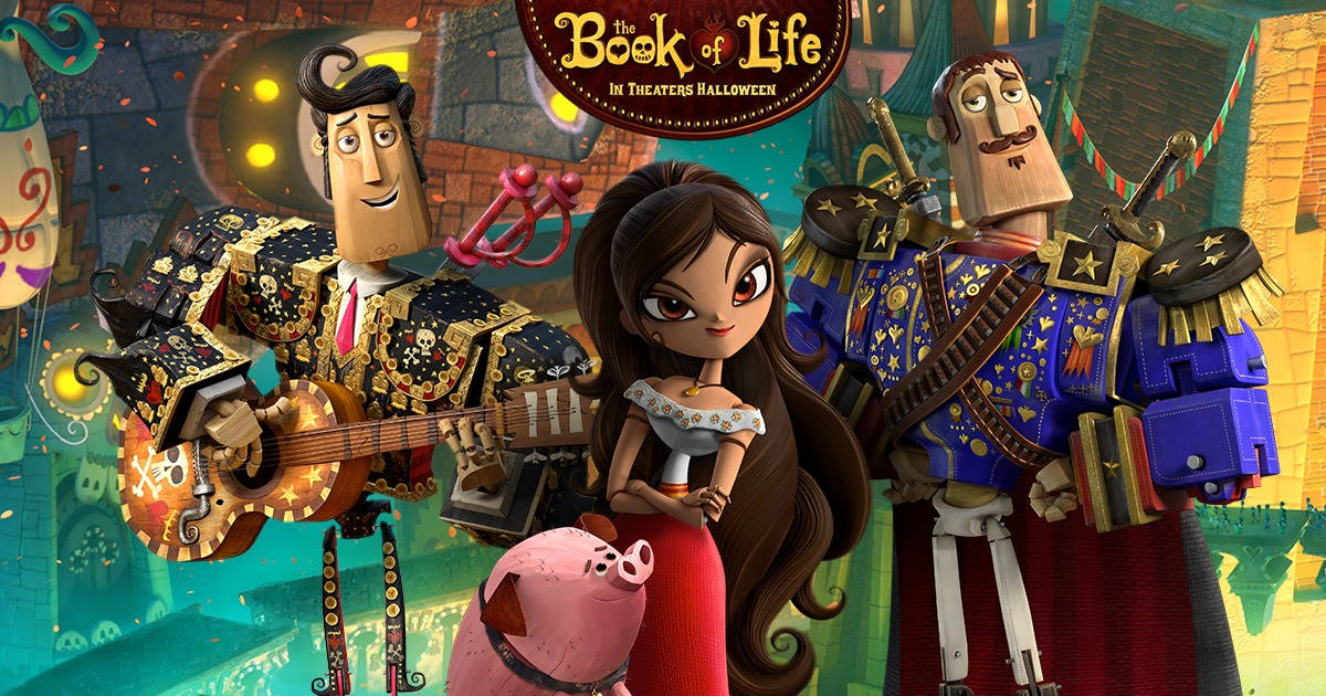 《生命之書》萬聖節海報 壁紙 — 《Book of Life》中充滿活力的動畫角色在色彩繽紛的墨西哥節日場景中英勇地擺出姿勢。