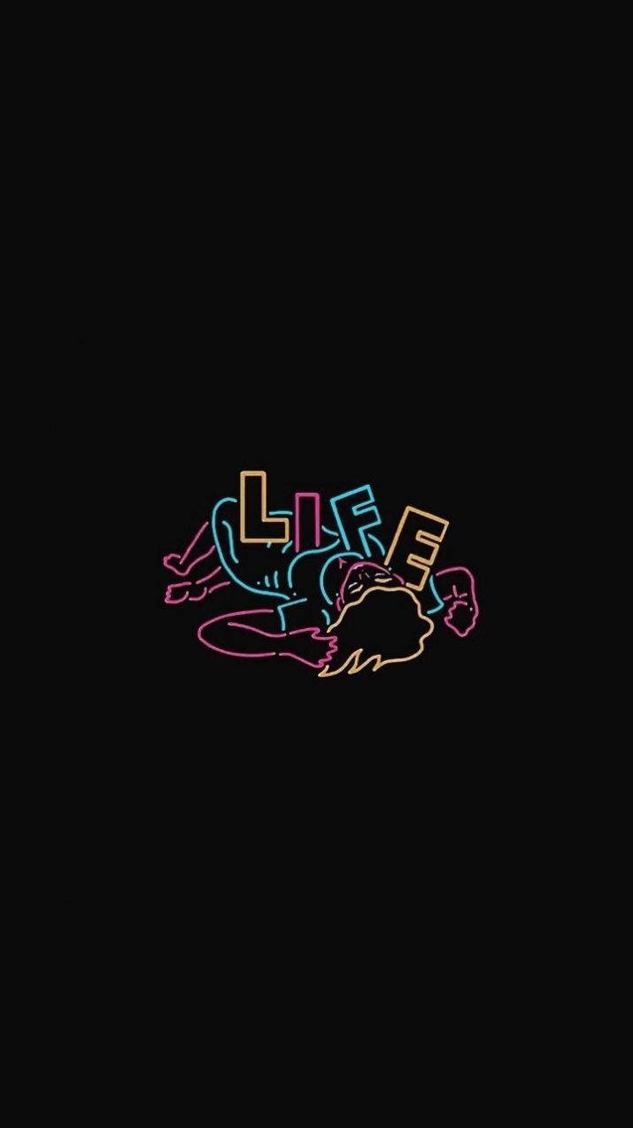 生命之畫——迷幻黑暗風格 壁紙 — 在黑色背景上，帶有抽象形狀的「LIFE」一詞的鮮豔霓虹輪廓。