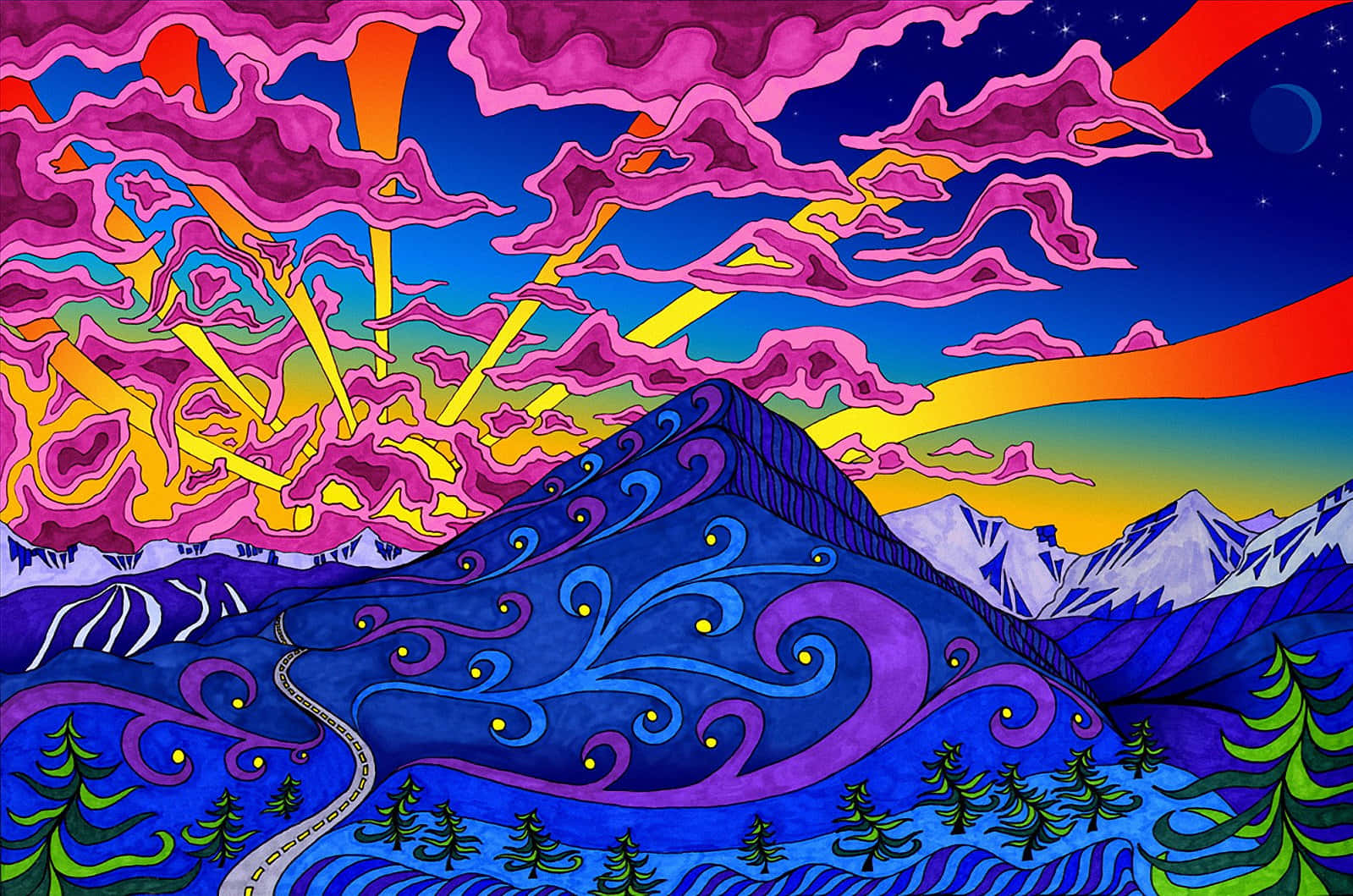 迷幻山景，雲霧繚繞，陽光普照。