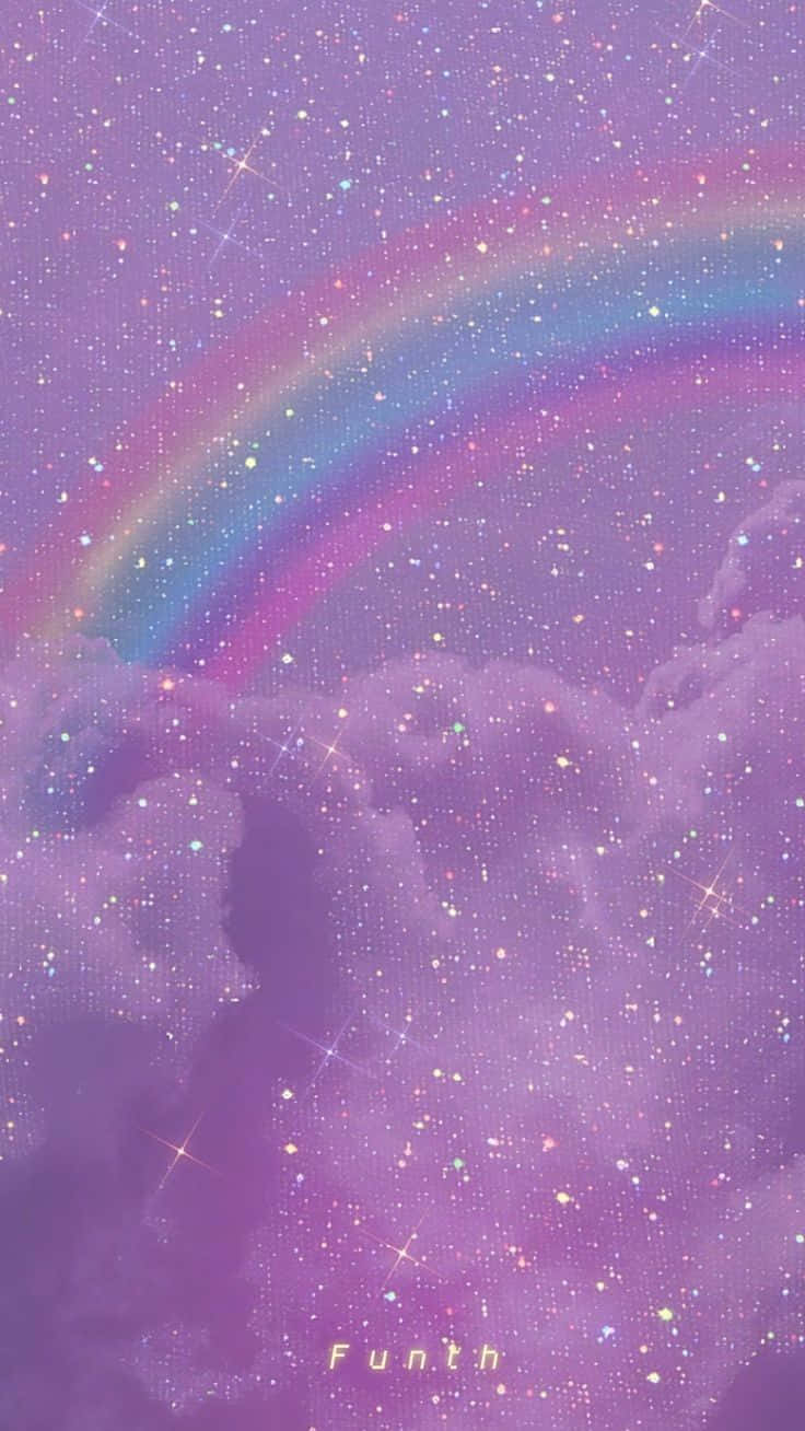 紫色天空上有星星和彩虹在雲朵上