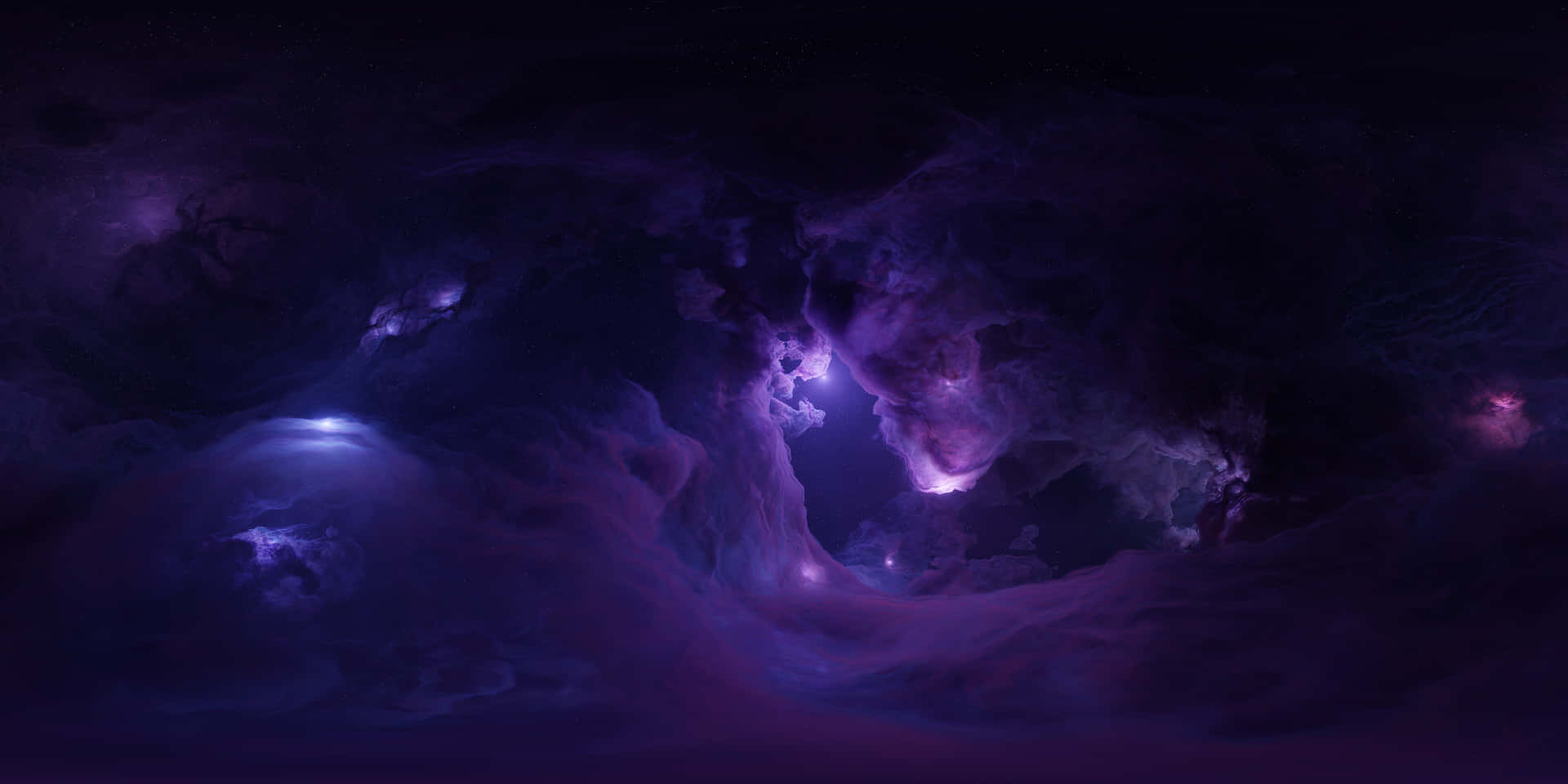 一個旋轉的紫色和藍色星雲，在深空中帶有發光的氣體雲。