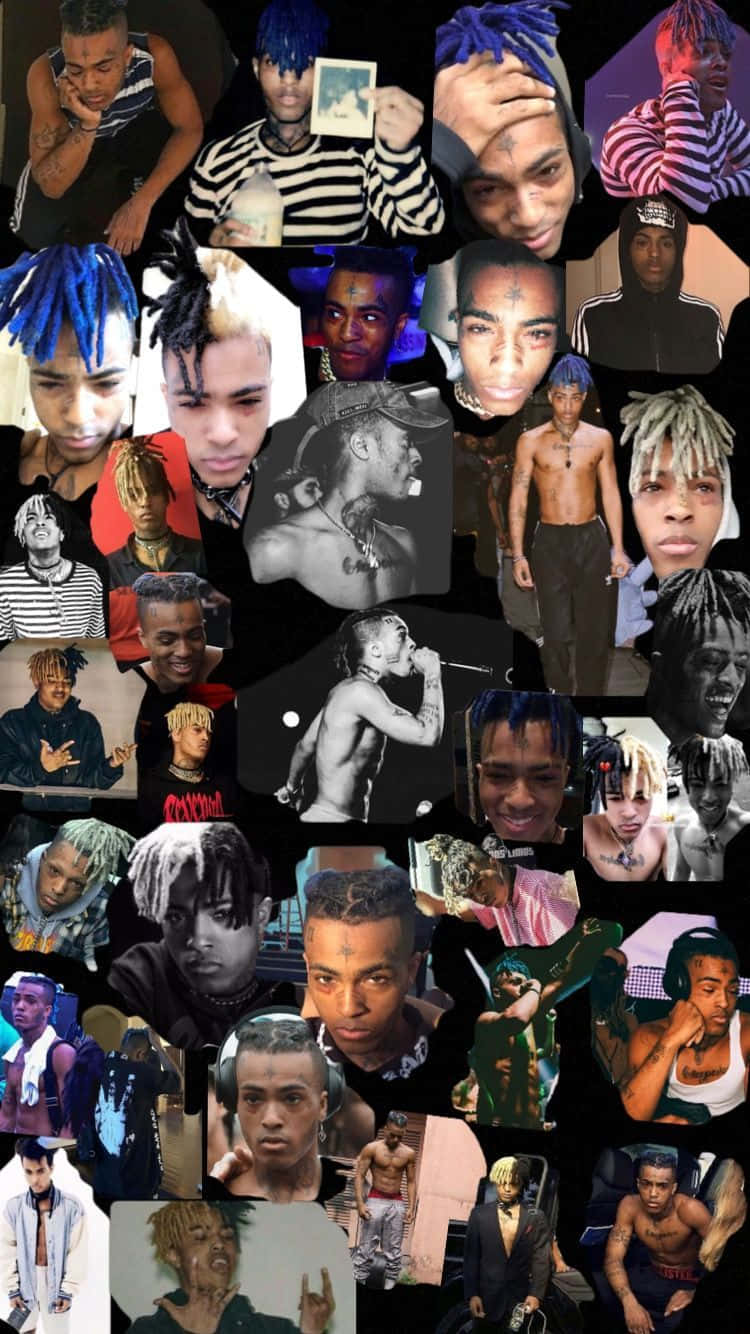 說唱歌手 XXXTentacion 不同姿勢和服裝的拼貼畫。