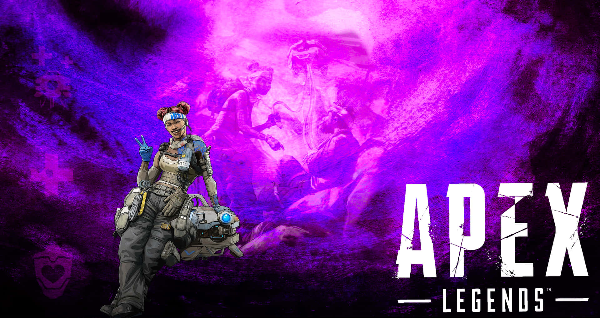 身穿未來裝備的Apex Legends角色在宇宙紫色背景前。