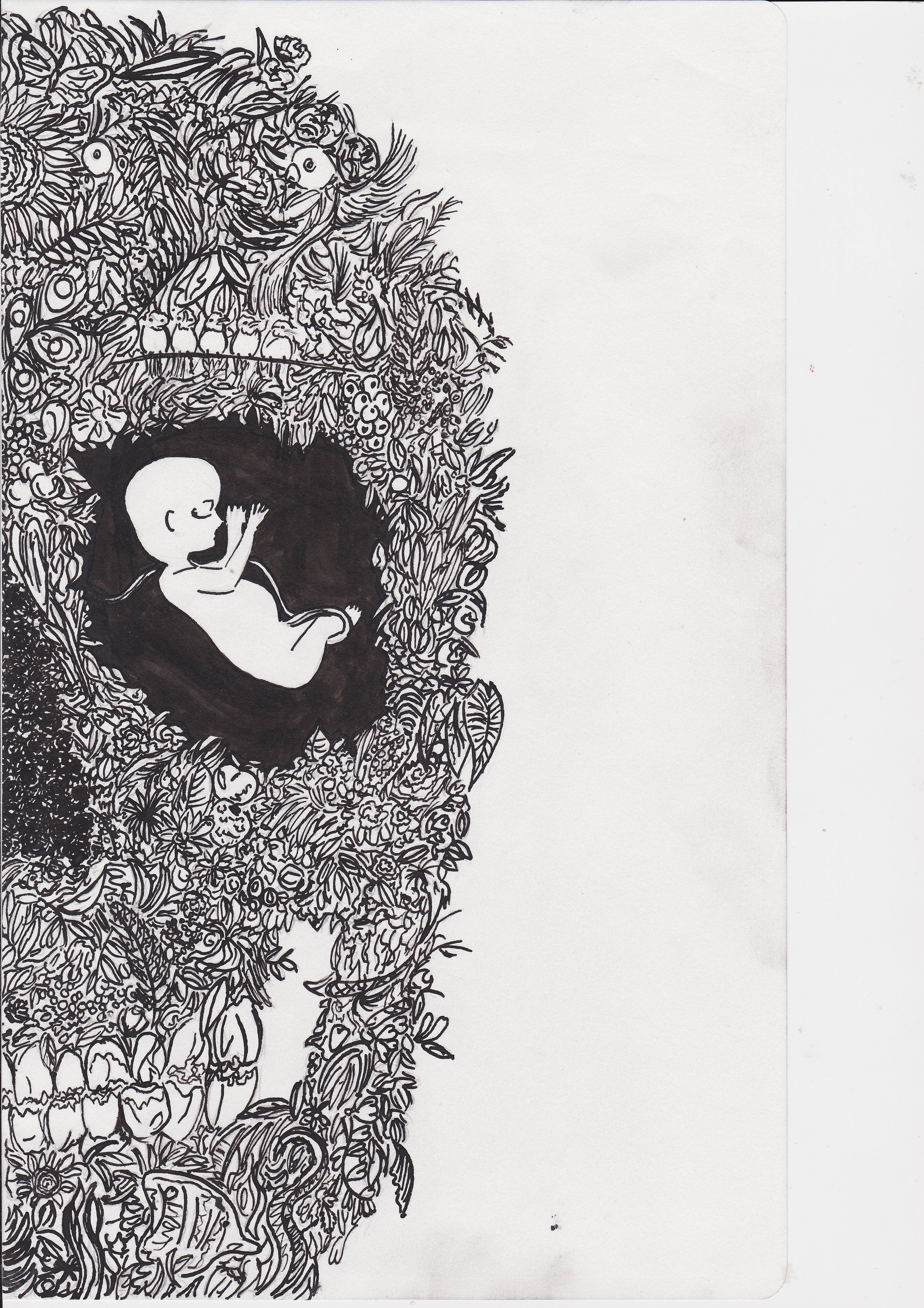 生命與死亡的循環 壁紙 — 一個黑白插圖，描繪一個胎兒蜷縮在一個充滿複雜花卉和動物圖案的頭骨內。