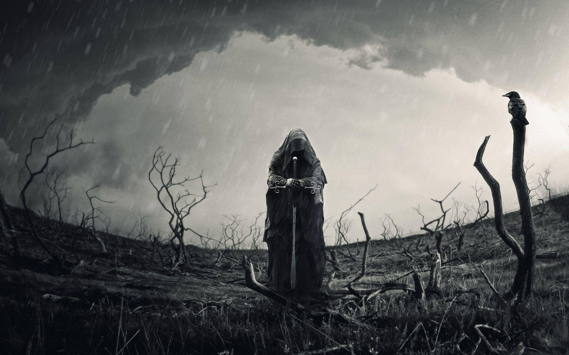 一個戴著兜帽的戰士在暴風雨中於貧瘠的田野上持劍，一隻烏鴉在旁觀看。 — 死亡動畫 壁紙