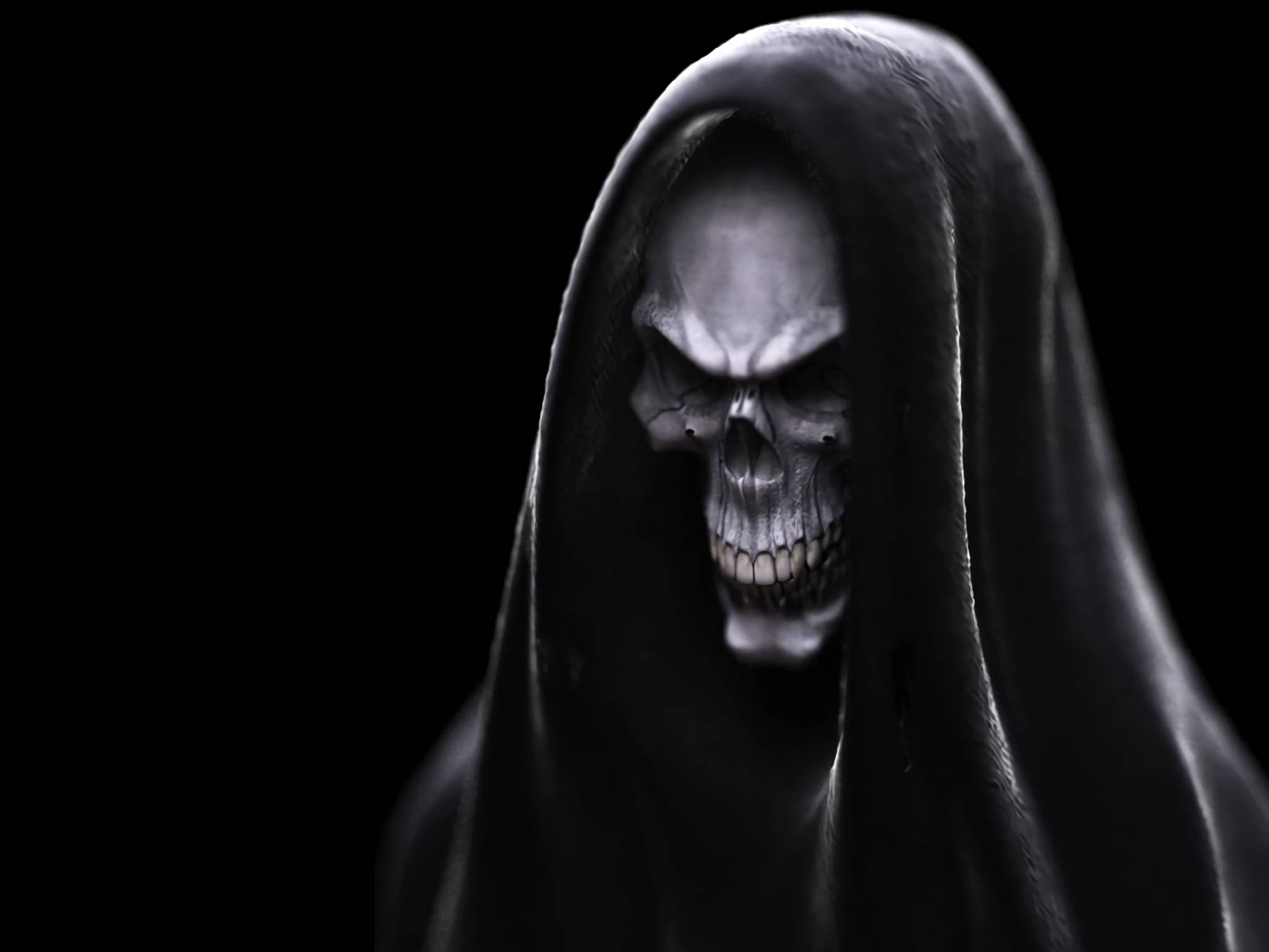 生命與死亡的航程 壁紙 — 一個令人毛骨悚然的數碼藝術作品，描繪了一個身穿深色連帽長袍的骷髏人物，背景是黑色虛空。
