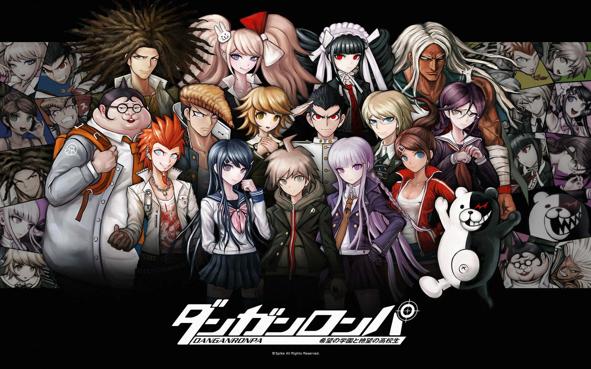 生存於殺戮遊戲 壁紙 — 一幅充滿活力的動畫群像，描繪《彈丸論破》角色，表情豐富、姿態動感，背景為拼貼風格。