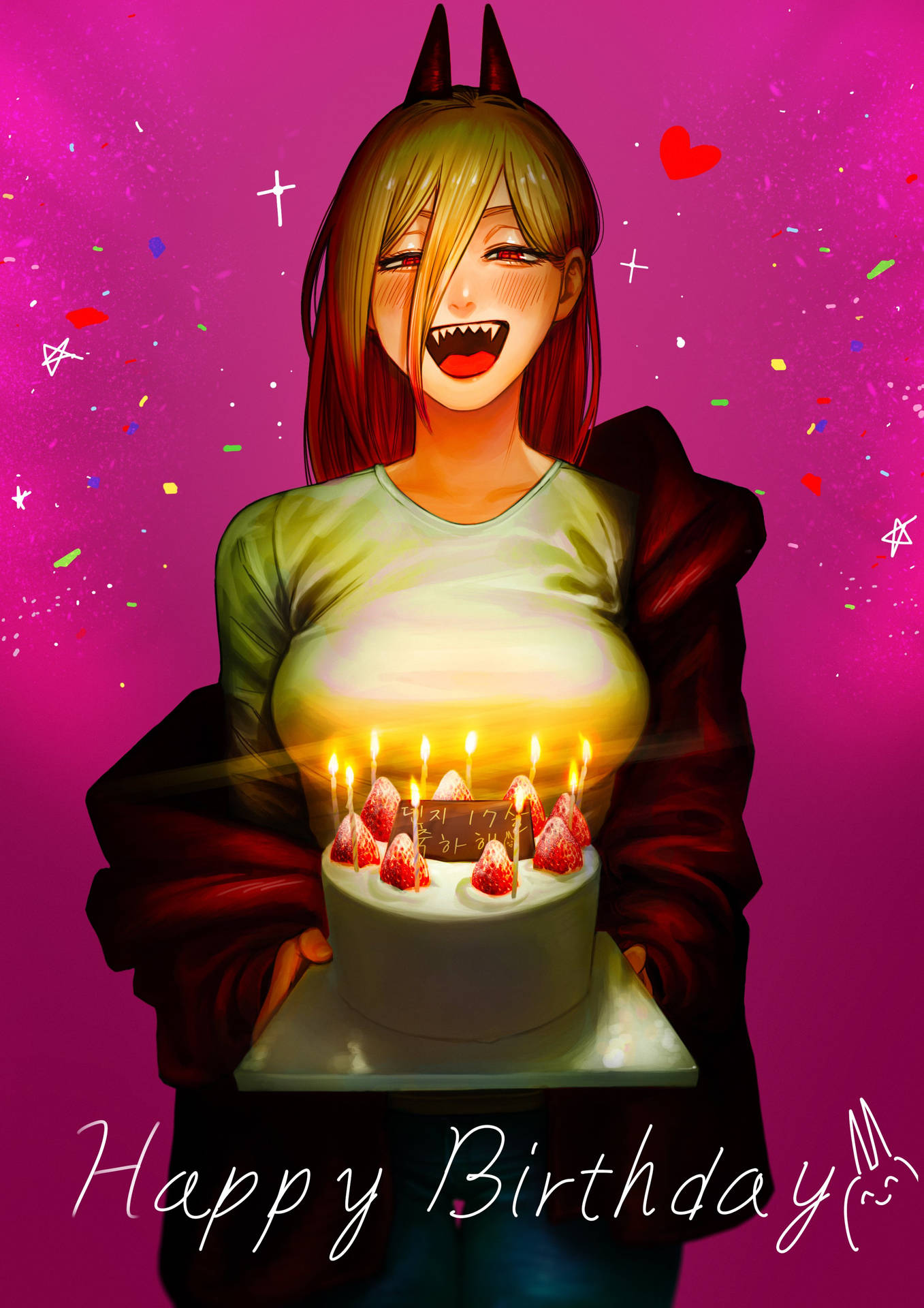 生日快樂，電鋸人！ 壁紙 — 一個快樂的動漫女孩，頭上有惡魔角，笑著拿著一個插著點燃蠟燭的草莓生日蛋糕，背景是充滿活力的粉紅色五彩紙屑。