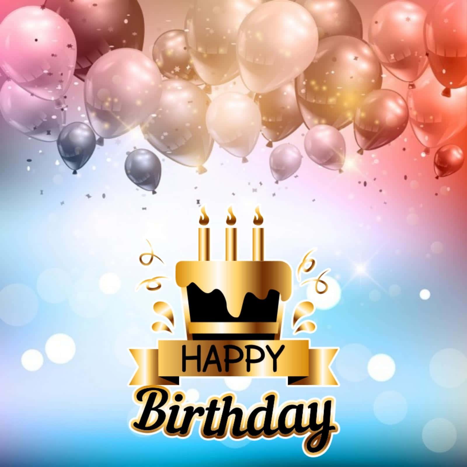 生日快樂圖 壁紙 — 一個金色的生日蛋糕，上面有三根蠟燭和一條橫幅，漂浮在一簇粉紅色、金色和銀色的氣球下方，背景是閃爍的漸變天空。