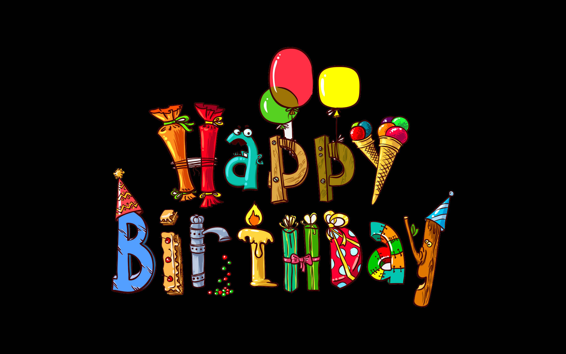 生日快樂字母設計 壁紙 — 色彩繽紛的卡通字母拼出「Happy Birthday」，飾有氣球、蠟燭和雪糕筒，背景為黑色。