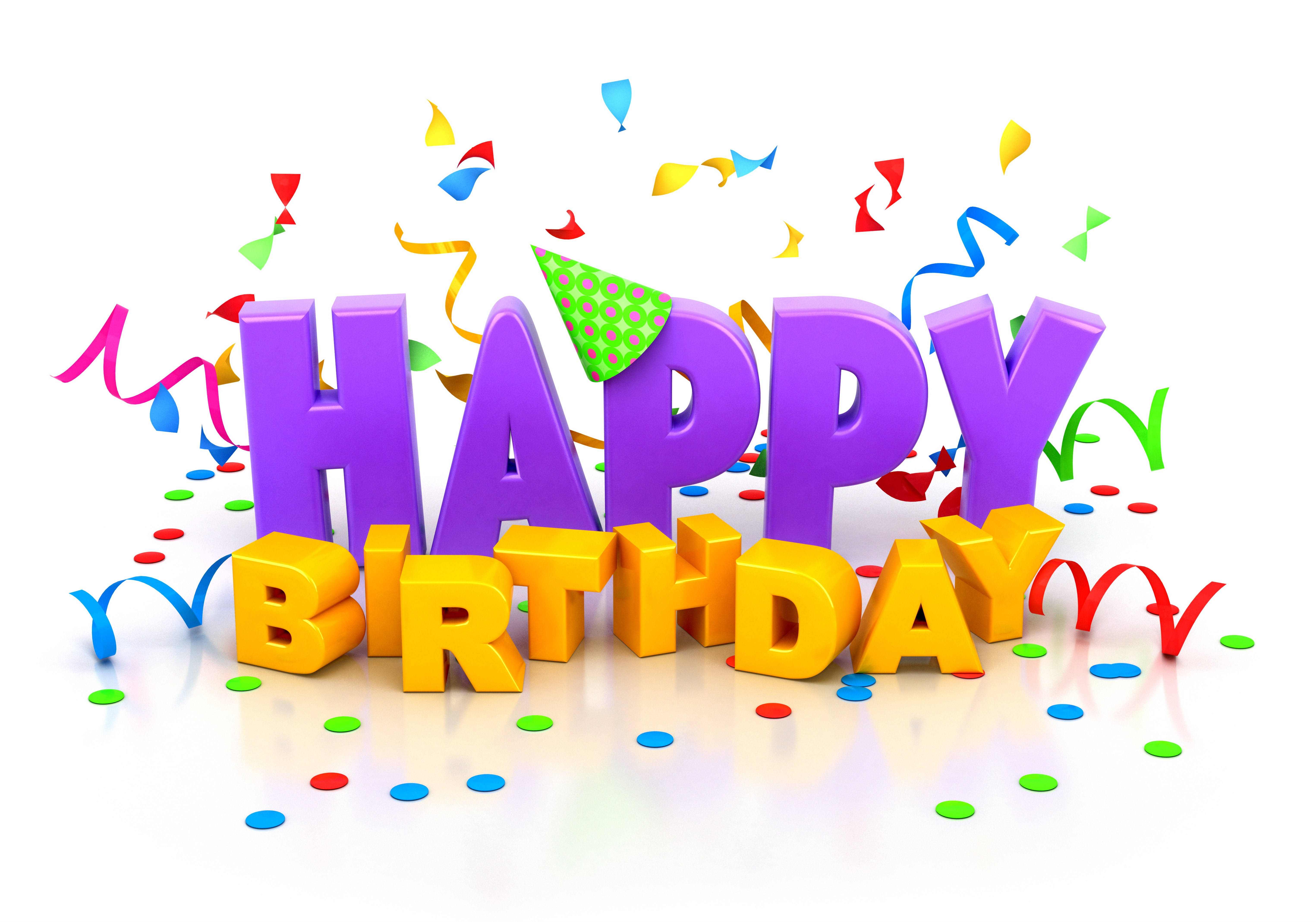 生日快樂灑金紙屑 壁紙 — 鮮豔的3D字母拼出「HAPPY BIRTHDAY」，紫色和黃色，周圍漂浮著五彩紙屑和彩帶。