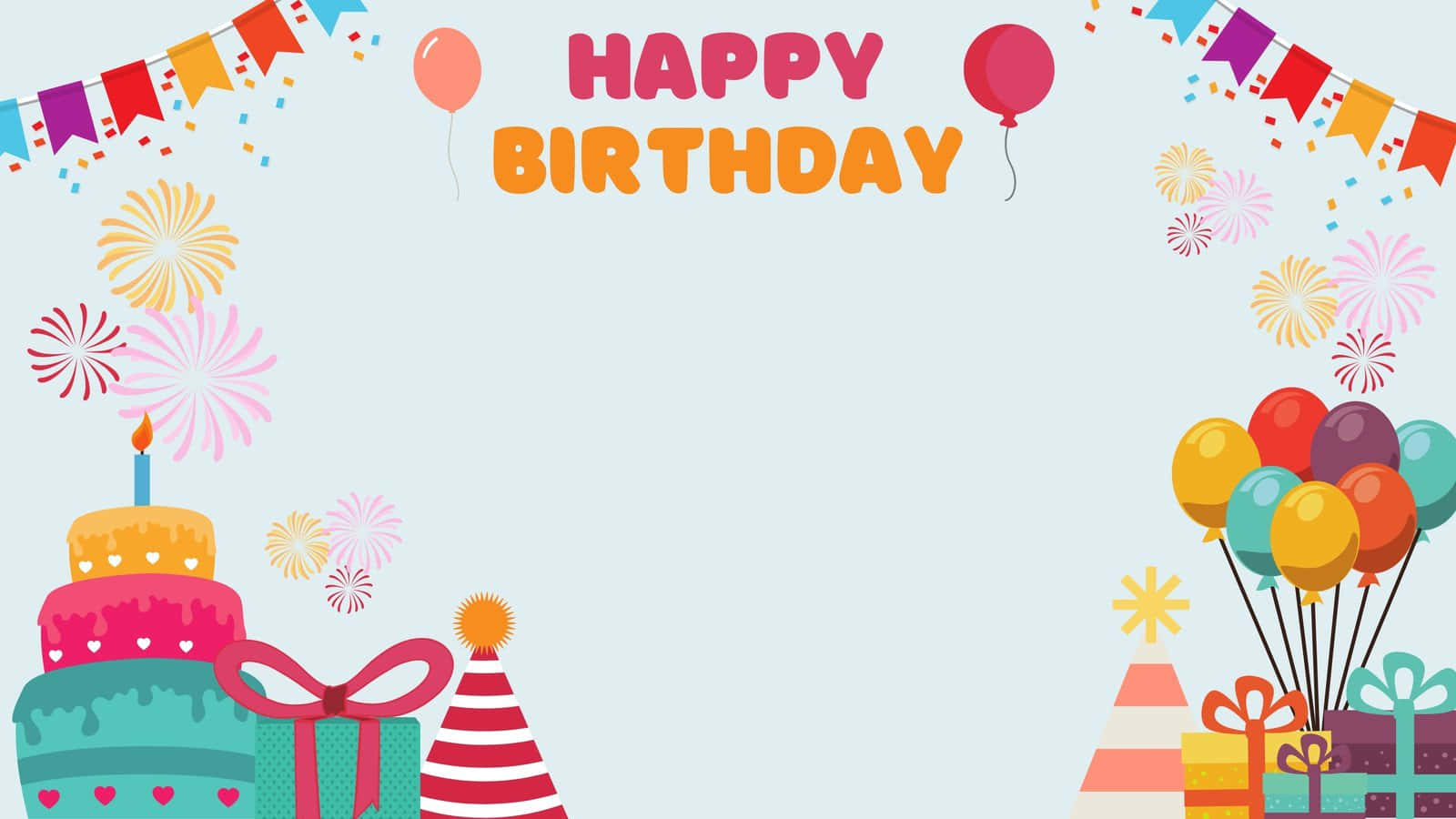 生日慶祝，有蛋糕、氣球、禮物和煙花