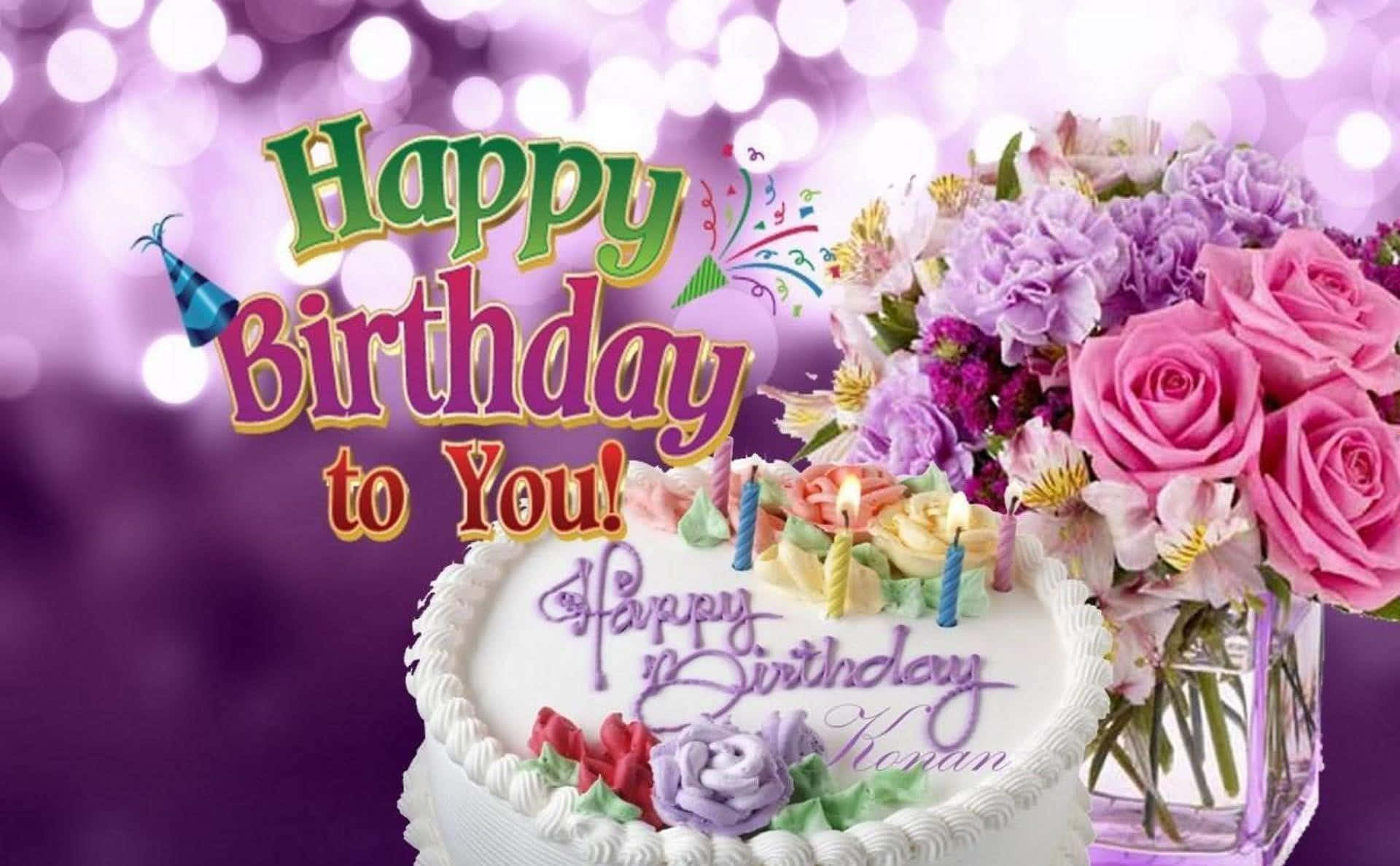 生日是慶祝與歡樂的時刻！ 壁紙 — 一個帶有蠟燭和花朵的節日生日蛋糕，旁邊有一個 'Happy Birthday to You!' 標誌，背景是閃爍的紫色。