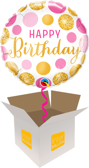 生日氣球從盒中探出 壁紙 — 一個帶有粉金色圓點和 'Happy Birthday' 文字的生日氣球從打開的紙箱中出現。