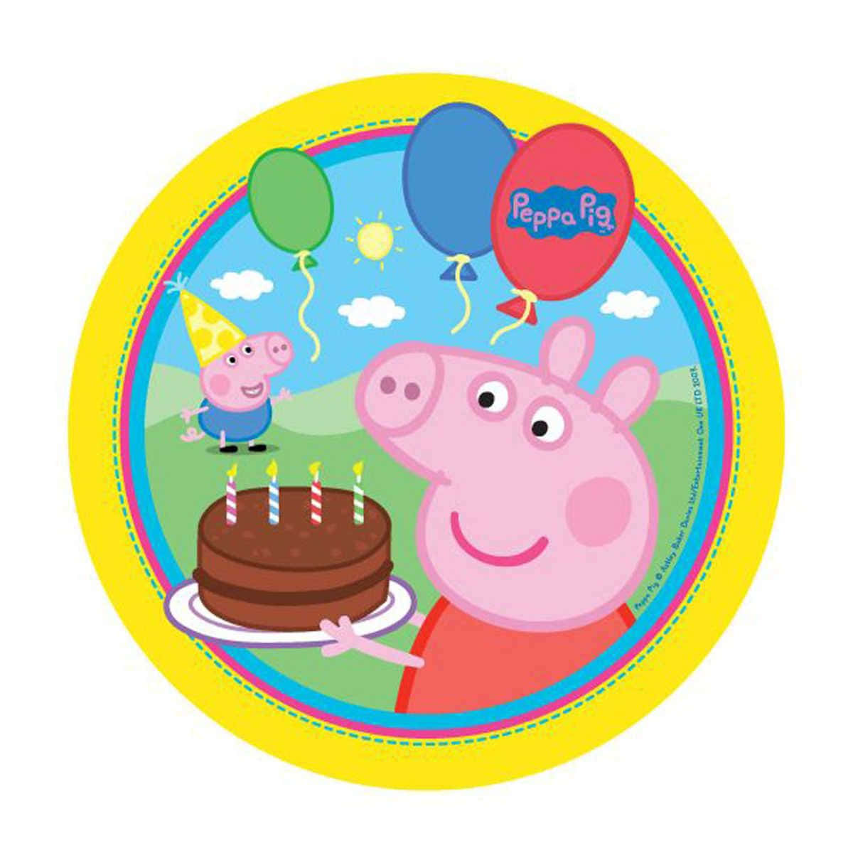 Peppa Pig 拿著帶有蠟燭的生日蛋糕，George 在背景中玩氣球。