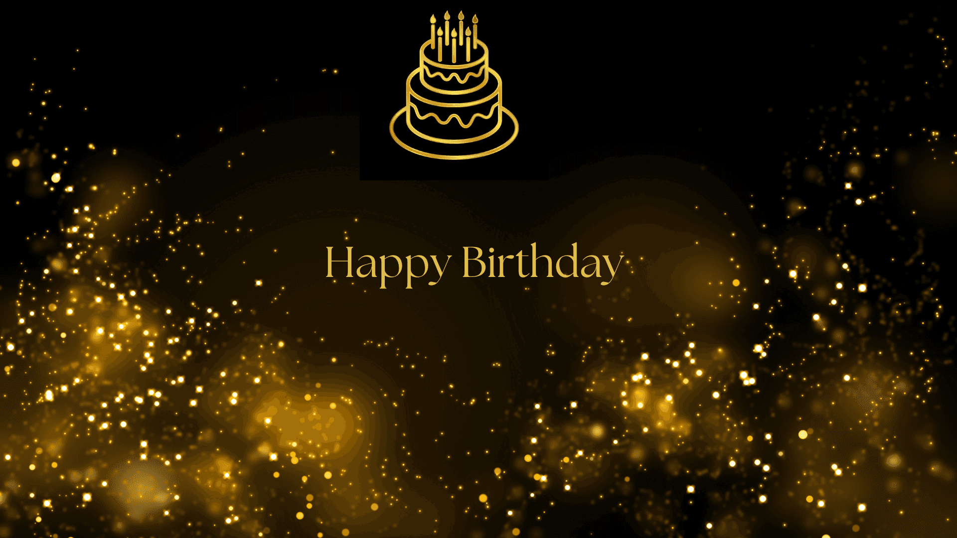生日祝福 壁紙 — 金色生日蛋糕圖標和文字漂浮在深色背景上的閃閃發光中。