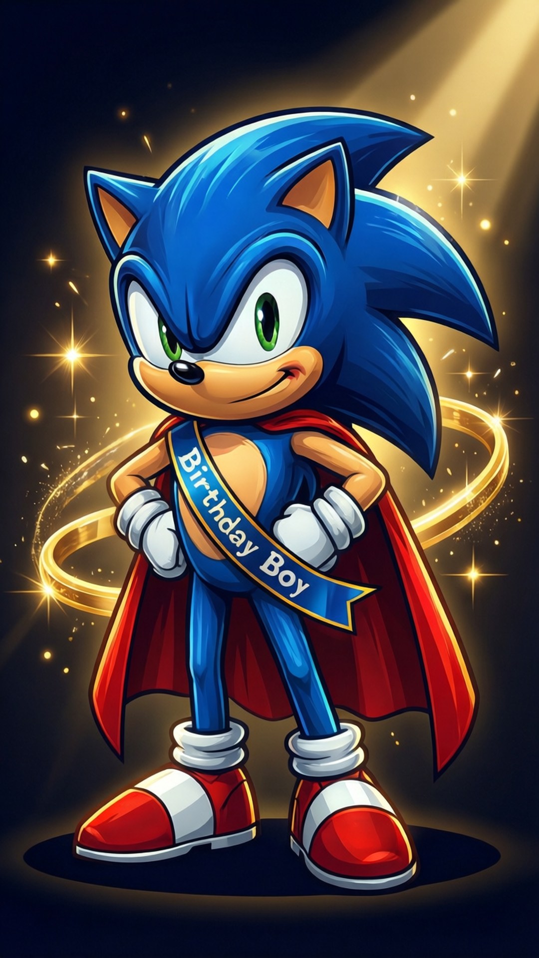 Sonic the Hedgehog 穿著紅色斗篷和「生日男孩」肩帶，身後有金色光環。