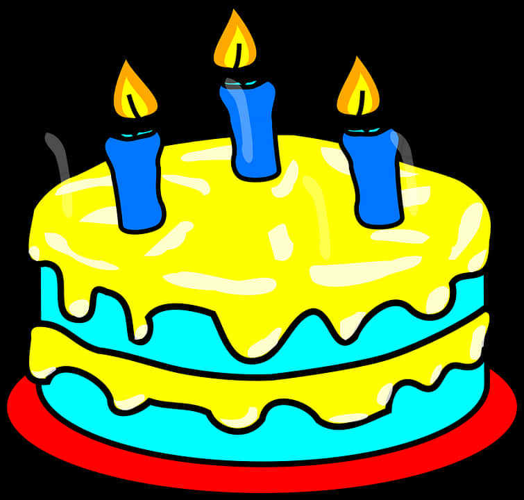 生日蛋糕與蠟燭插畫 壁紙 — 一個卡通生日蛋糕，有黃色和藍色糖霜，紅色碟上有三支點燃的藍色蠟燭。